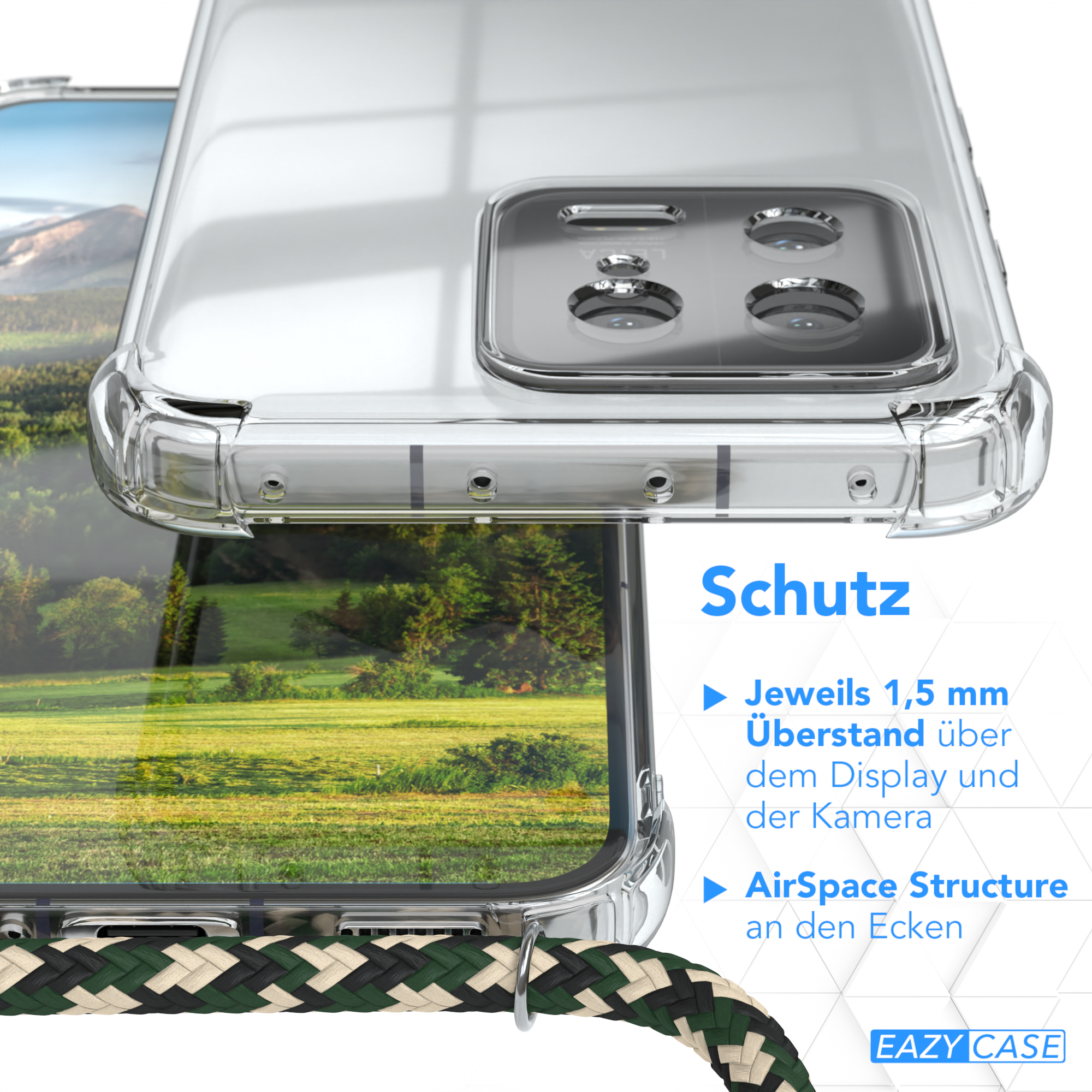 Zwei Bilder einer transparenten Handyhülle mit einem grün-beigen Kabel. Der Hintergrund ist unscharf.