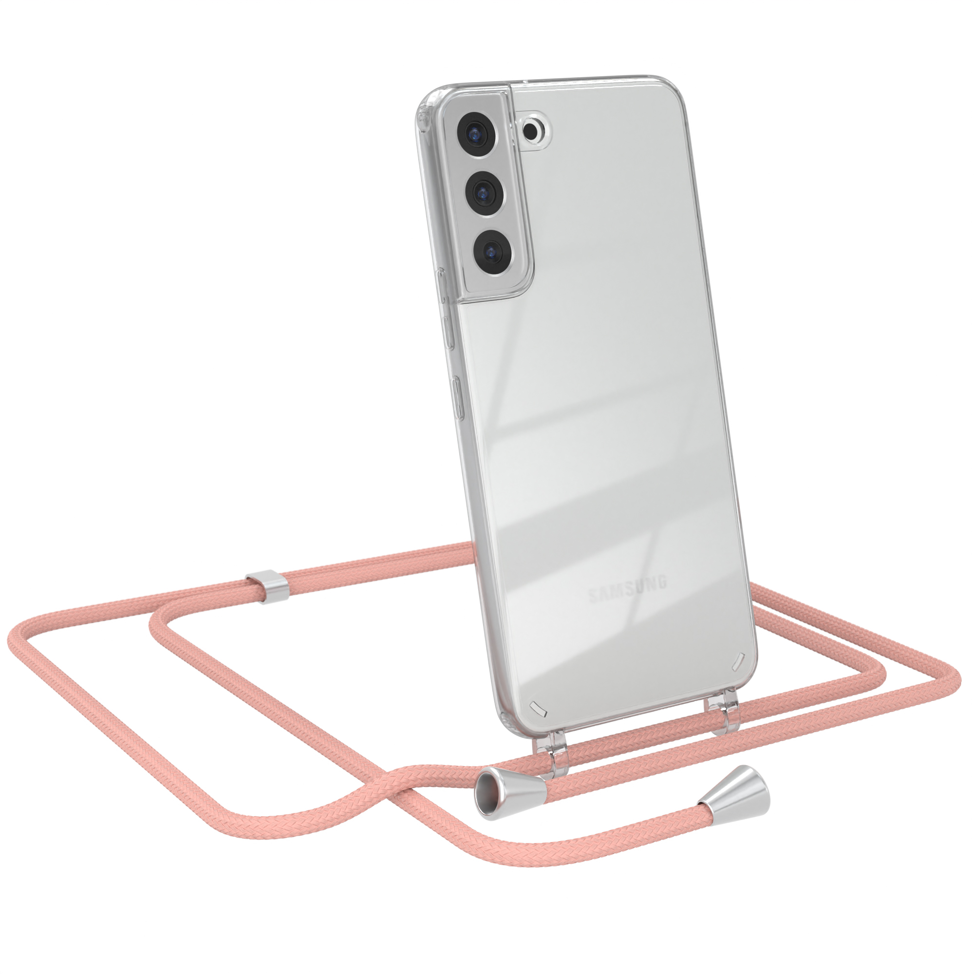Transparente Handyhülle mit Umhängeband. Telefon hat drei Kameras und rosa Band.