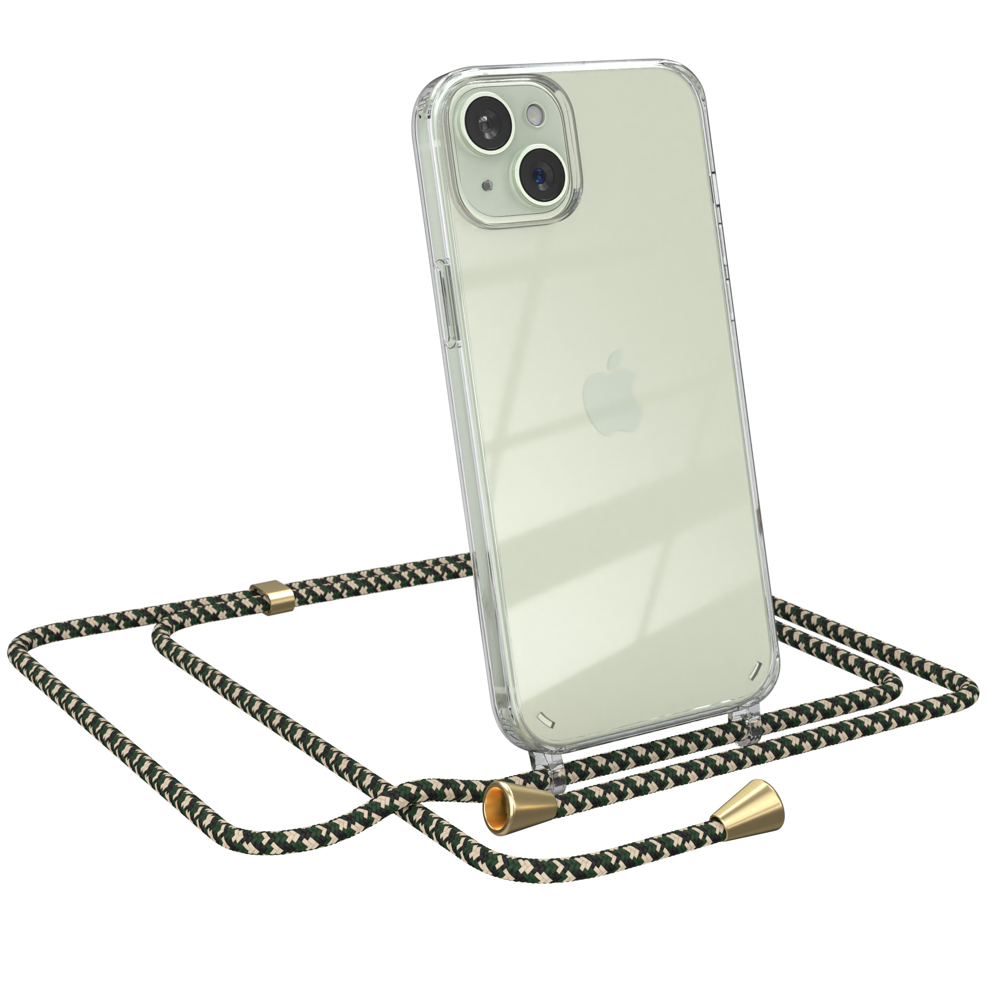 Transparente Handyhülle mit grün-schwarzem Lanyard. Apple-Telefon sichtbar. Weißer Hintergrund.