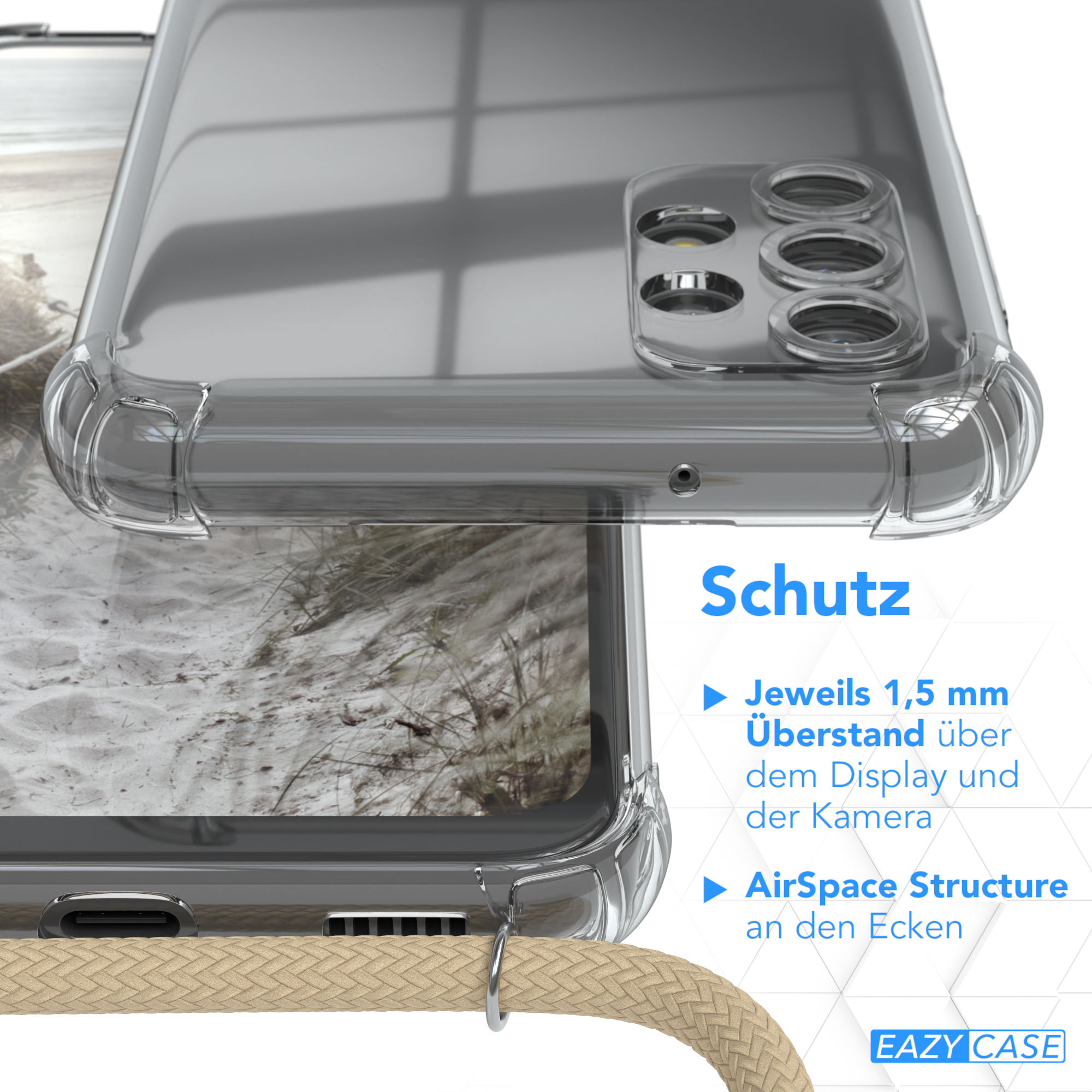 Galaxy Samsung, A13, Umhängeband, Umhängetasche, Clear CASE mit Beige EAZY Taupe Cover