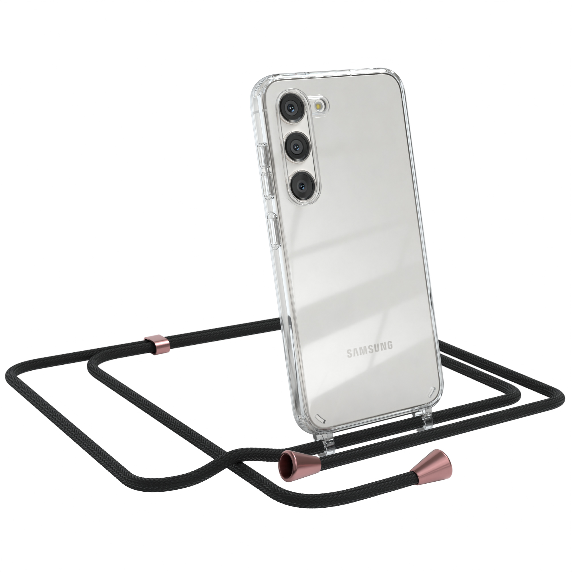 Transparente Handyhülle mit schwarzem Umhängeband. Telefon in der Hülle. Roségold Akzente.