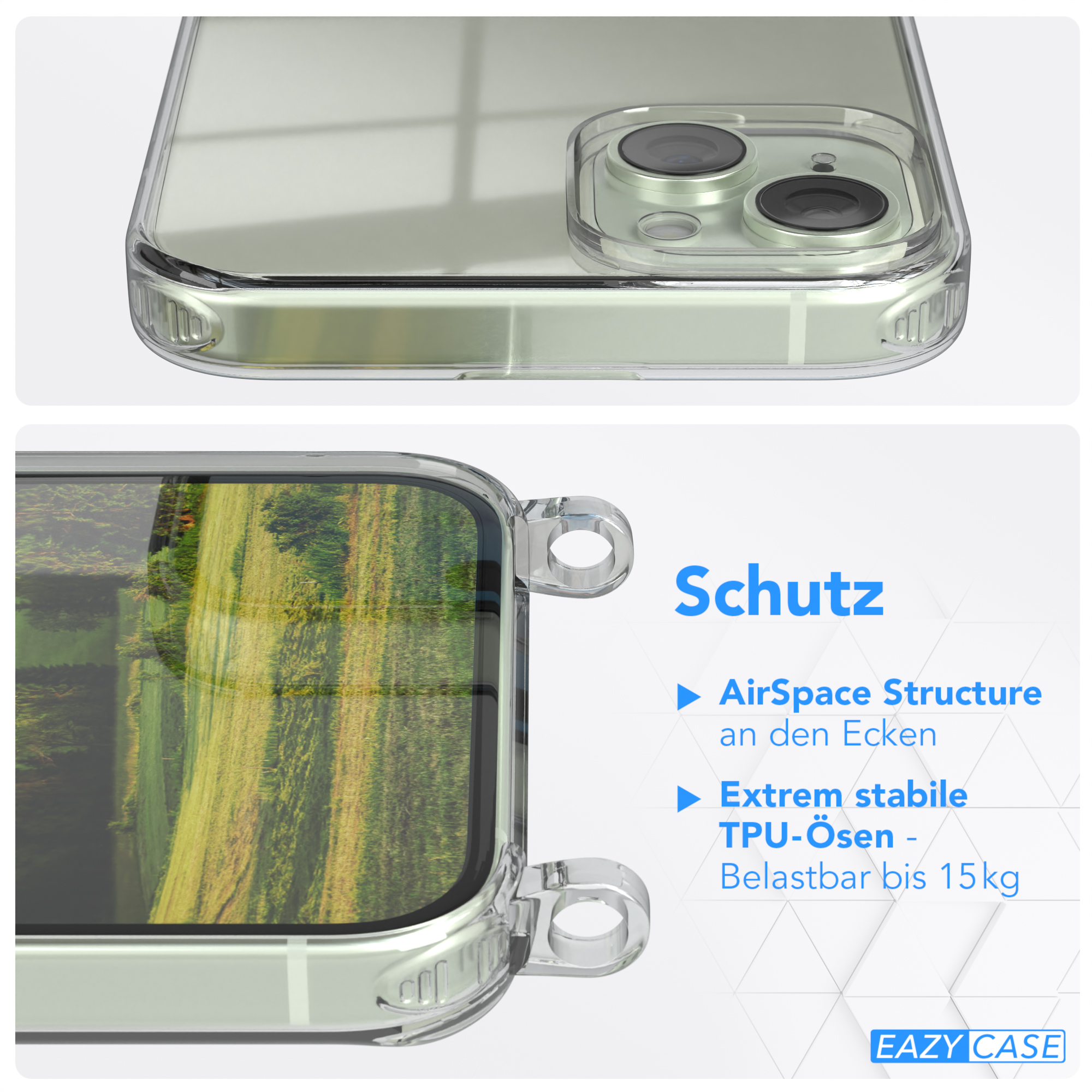 Handyhülle mit Telefon darin. Klare Hülle mit Schutzeigenschaften. Airspace-Struktur sichtbar. Weißer Hintergrund.