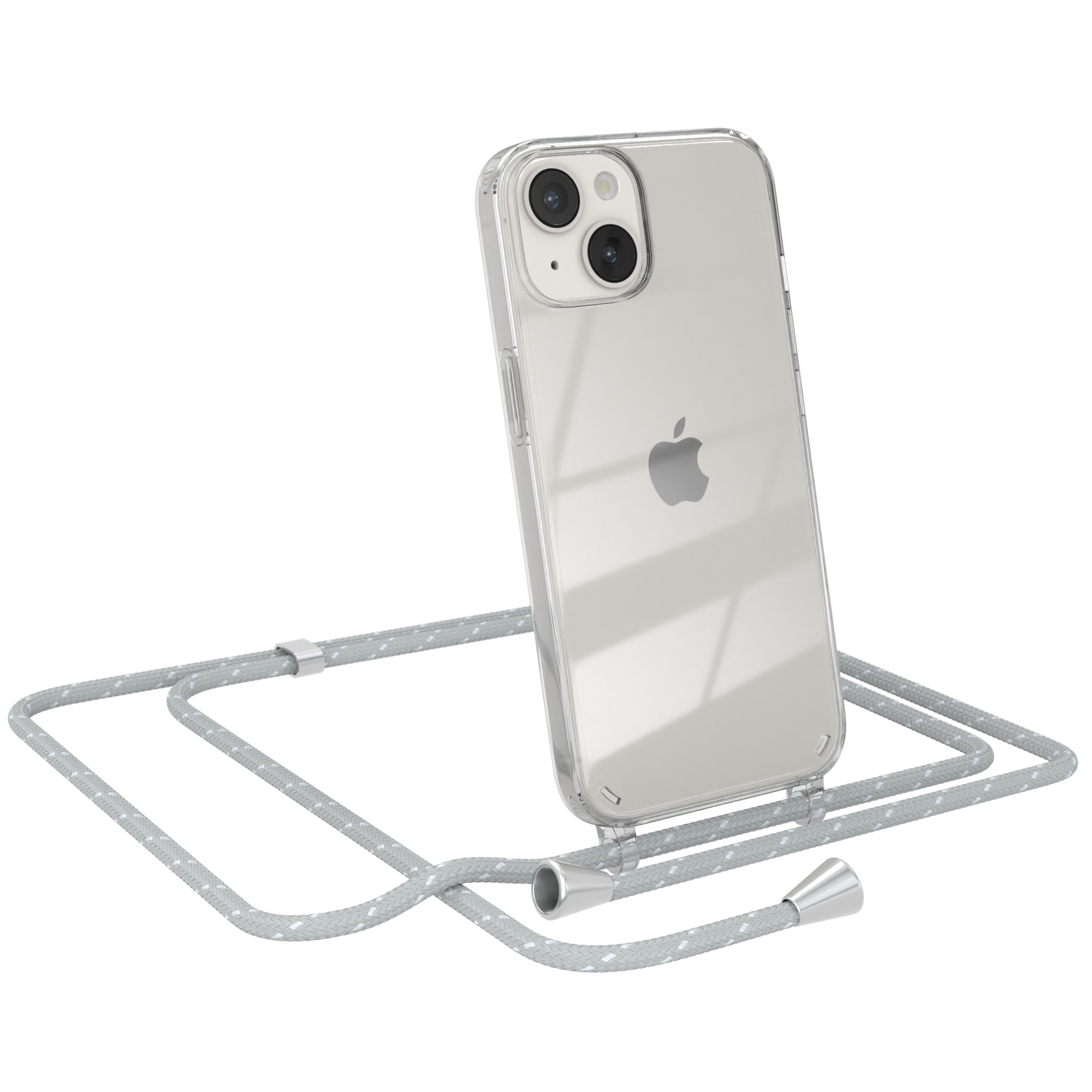 Transparente Handyhülle mit weiß-grauem Band. Telefon hat Rückkameras.