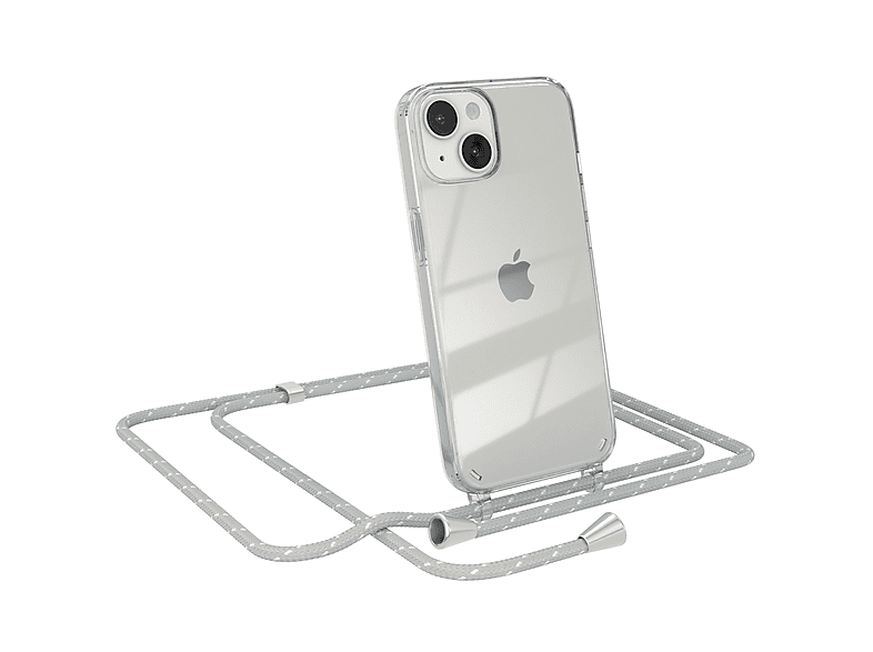 EAZY CASE Clear Cover mit Umhängeband, Umhängetasche, Apple, iPhone 14, Hellgrau Weiß