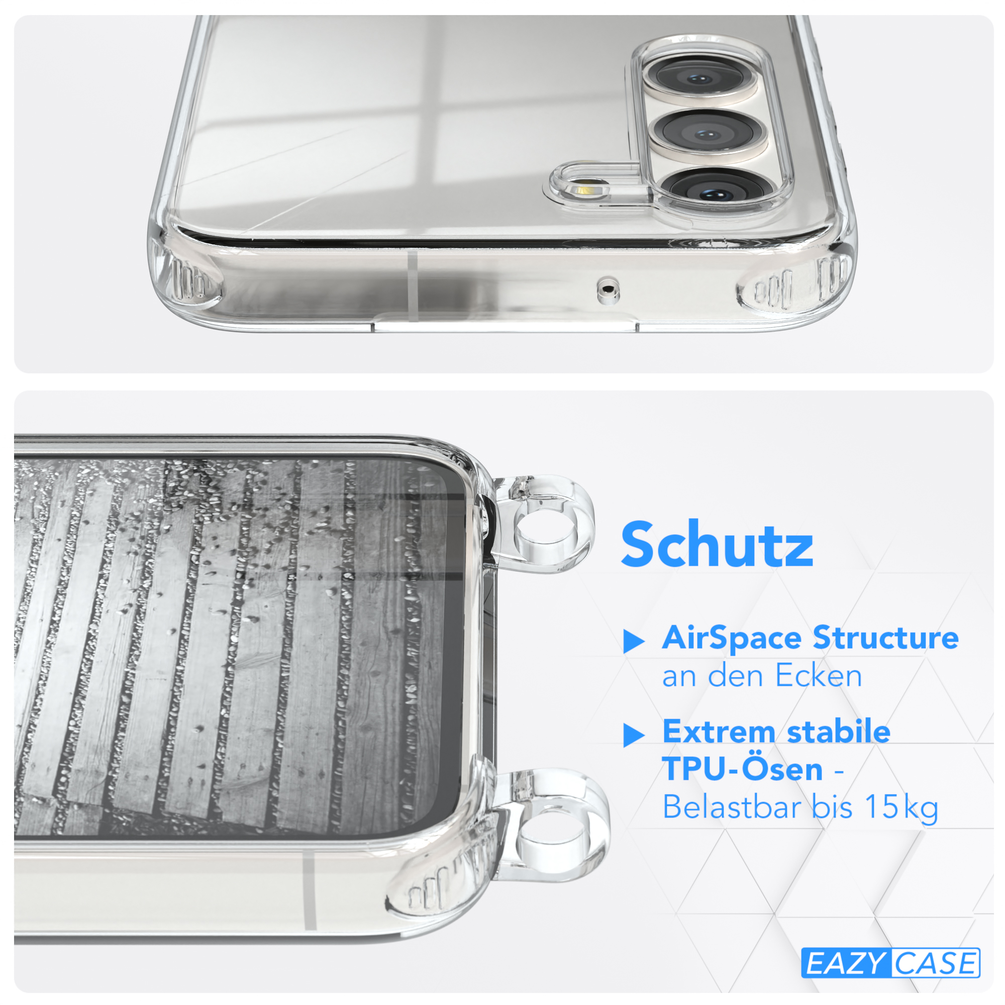 Transparente Handyhülle, obere und untere Ansicht. Zeigt Details wie Kamera und Ladeanschluss.