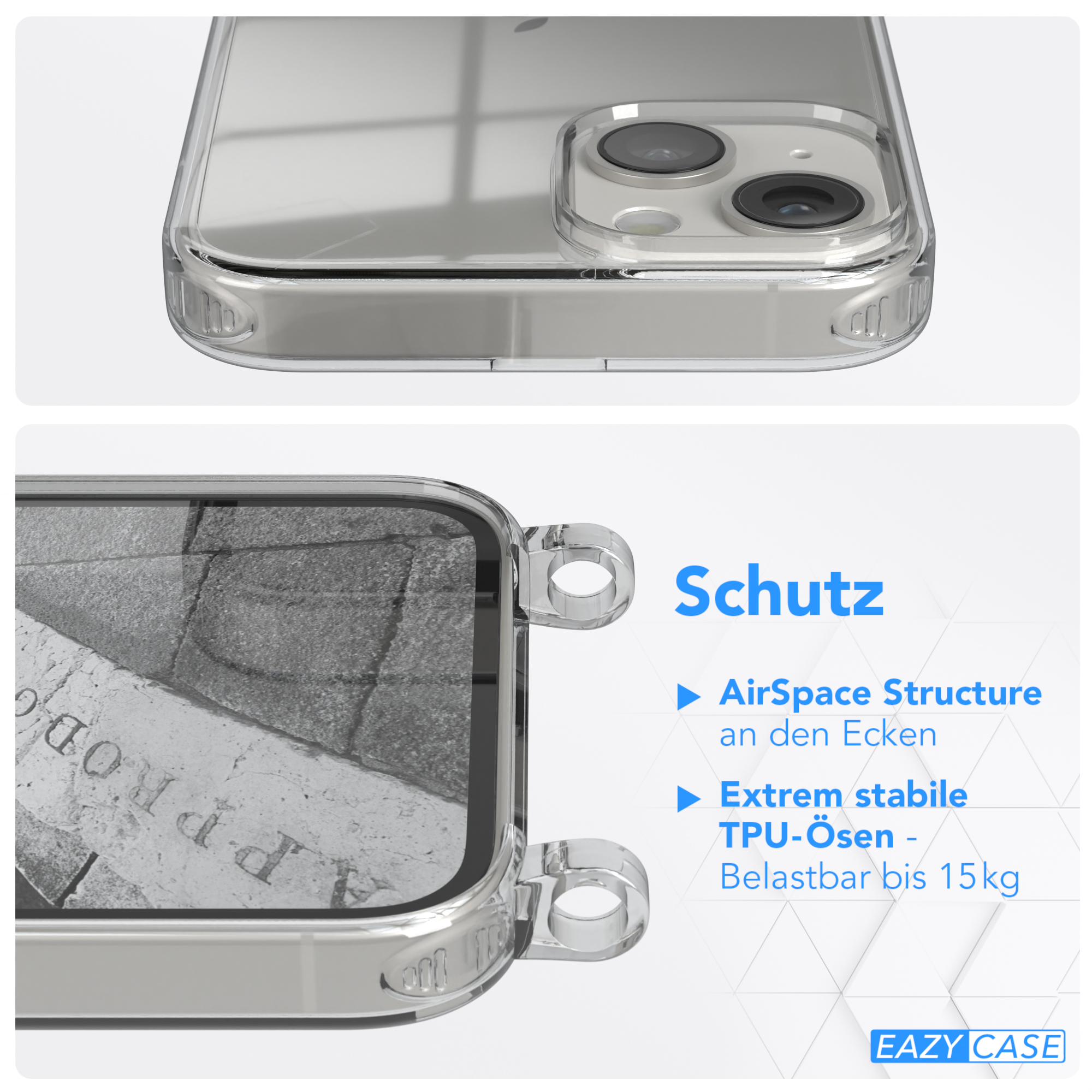 Nahaufnahme einer transparenten Handyhülle. Text: Schutz, AirSpace Structure, Extrem stabile TPU-Ösen.