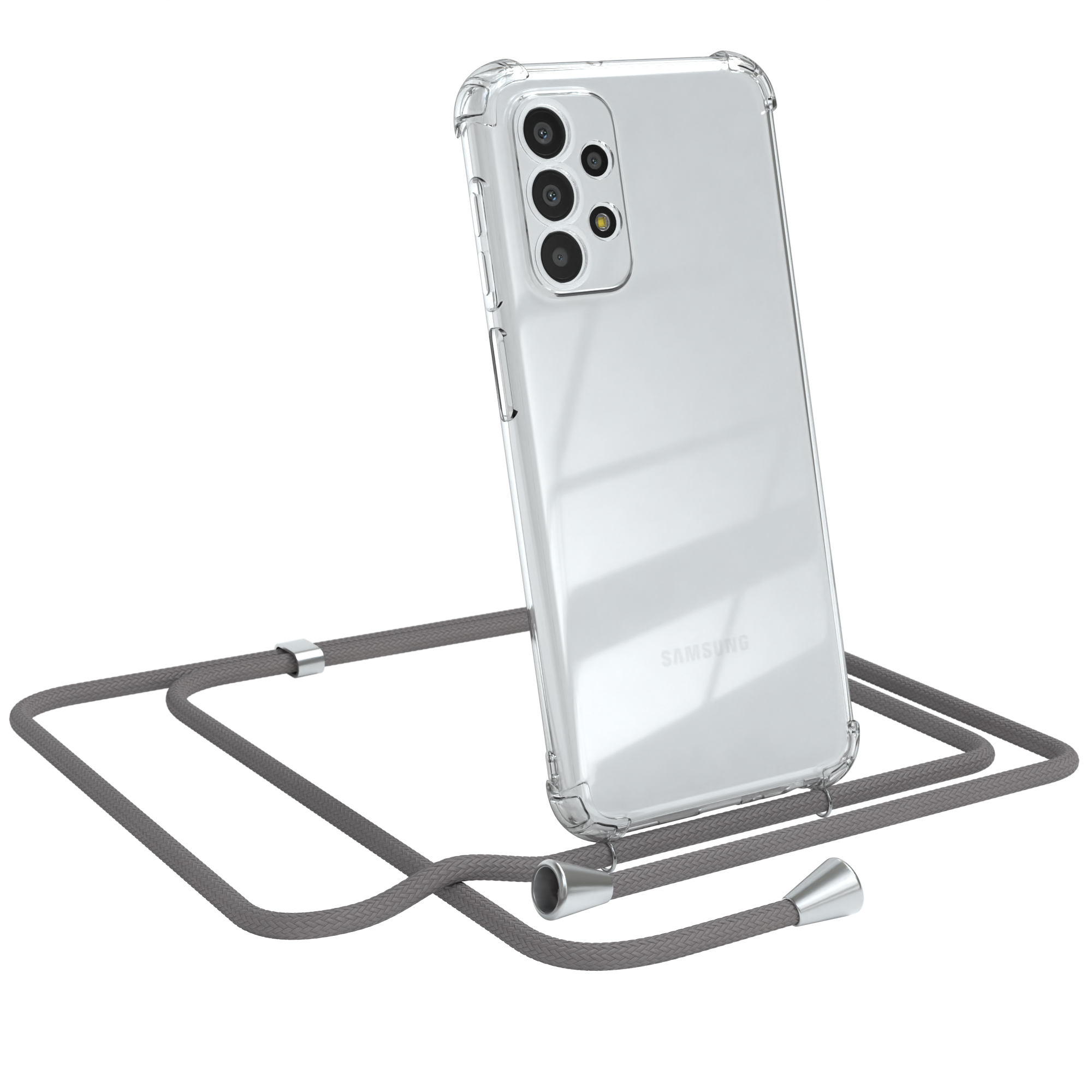 Transparente Samsung-Handyhülle mit grauem Band. Telefon zeigt zur Kamera. Weißer Hintergrund.