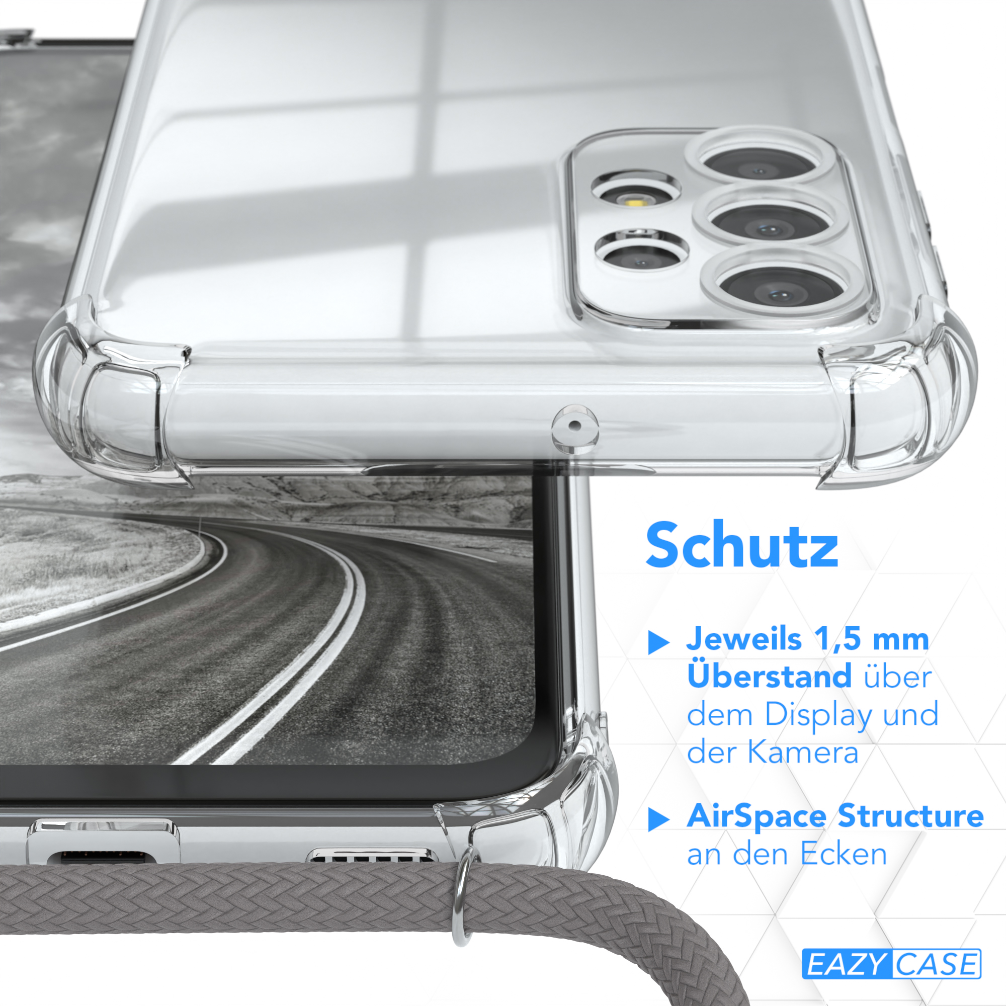 Nahaufnahme Handyhülle, transparent mit Text, grauer Riemen.