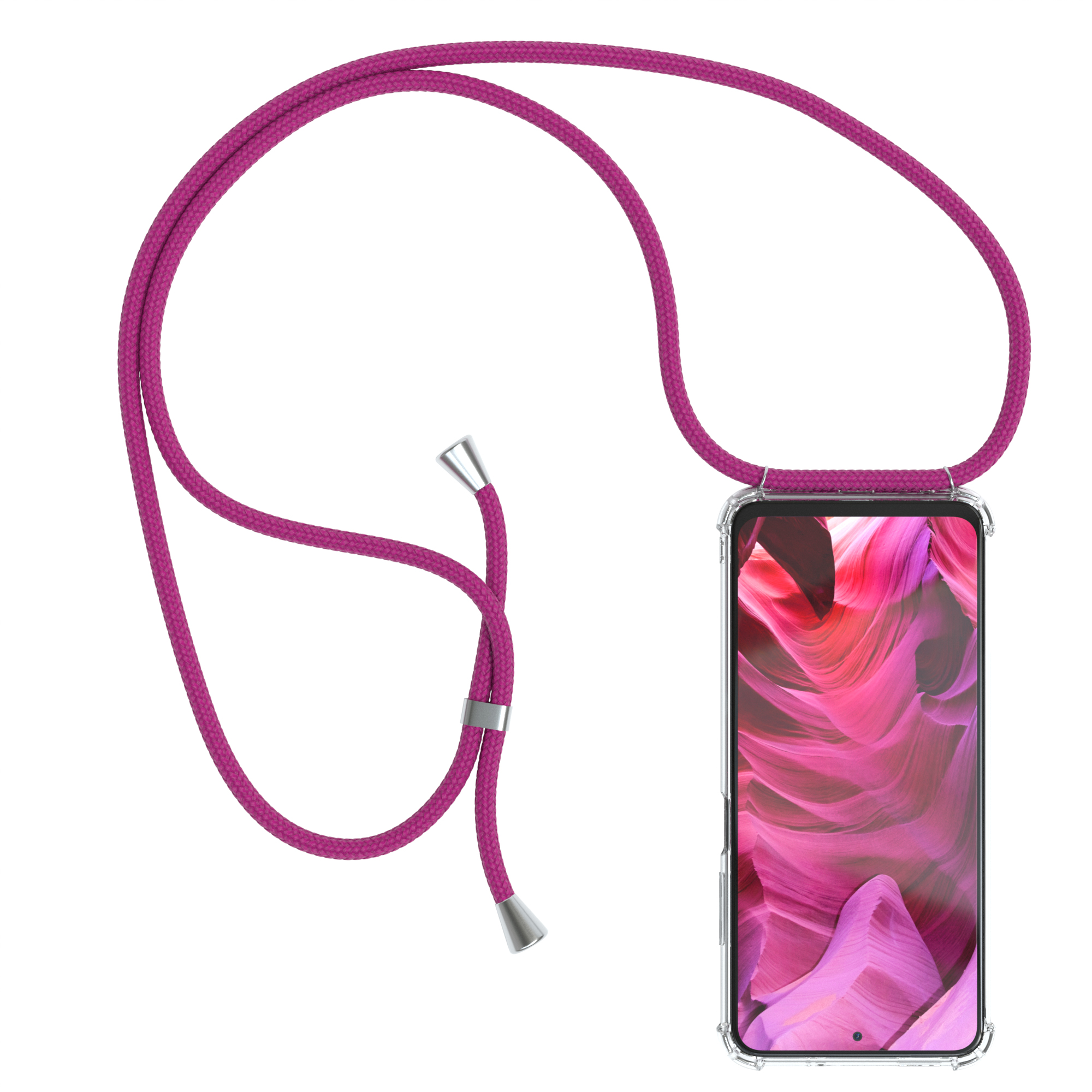 Ein Telefon in einer durchsichtigen Hülle mit rosa Kordel. Hintergrund ist weiß.