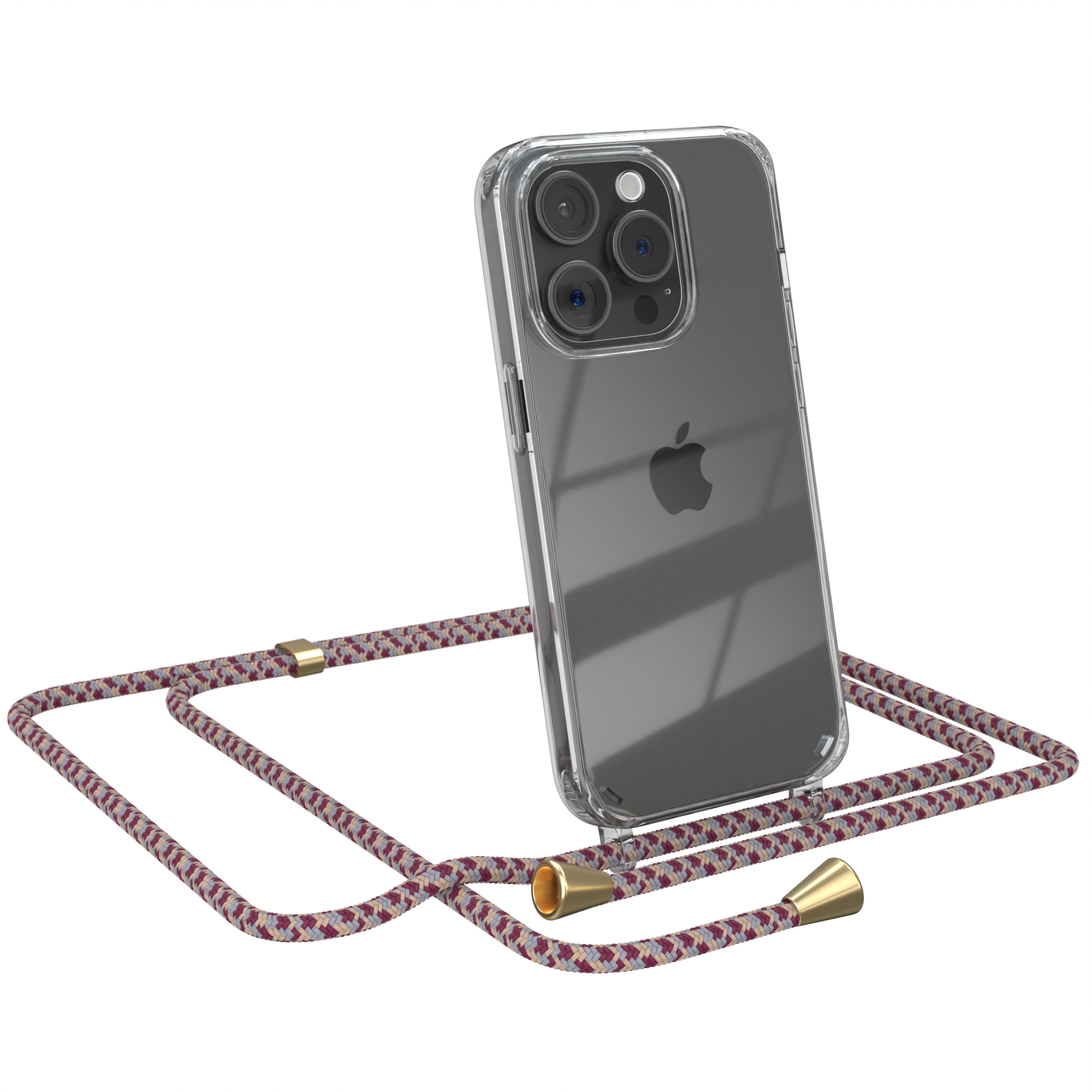 Eine transparente Handyhülle an einem Telefon mit einem Lanyard. Das Lanyard ist bordeauxrot und weiß.