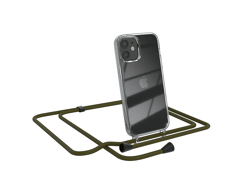 EAZY CASE Clear Cover mit Umhängeband, Umhängetasche, Apple, iPhone 12 Mini, Olive Grün