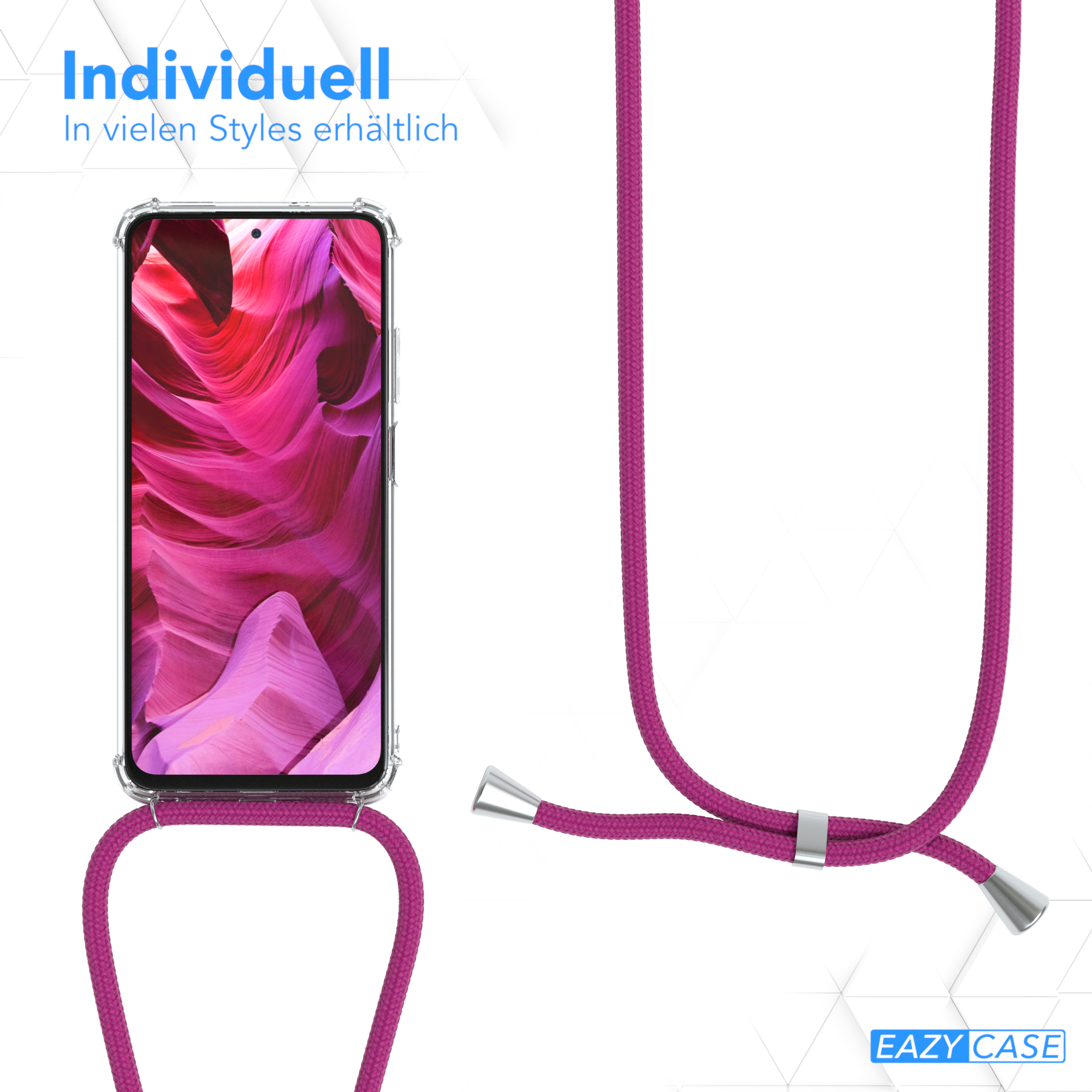 Ein Telefon mit einer pinkfarbenen Kordelhülle, die das Kabel und die Rückseite des Telefons zeigt.