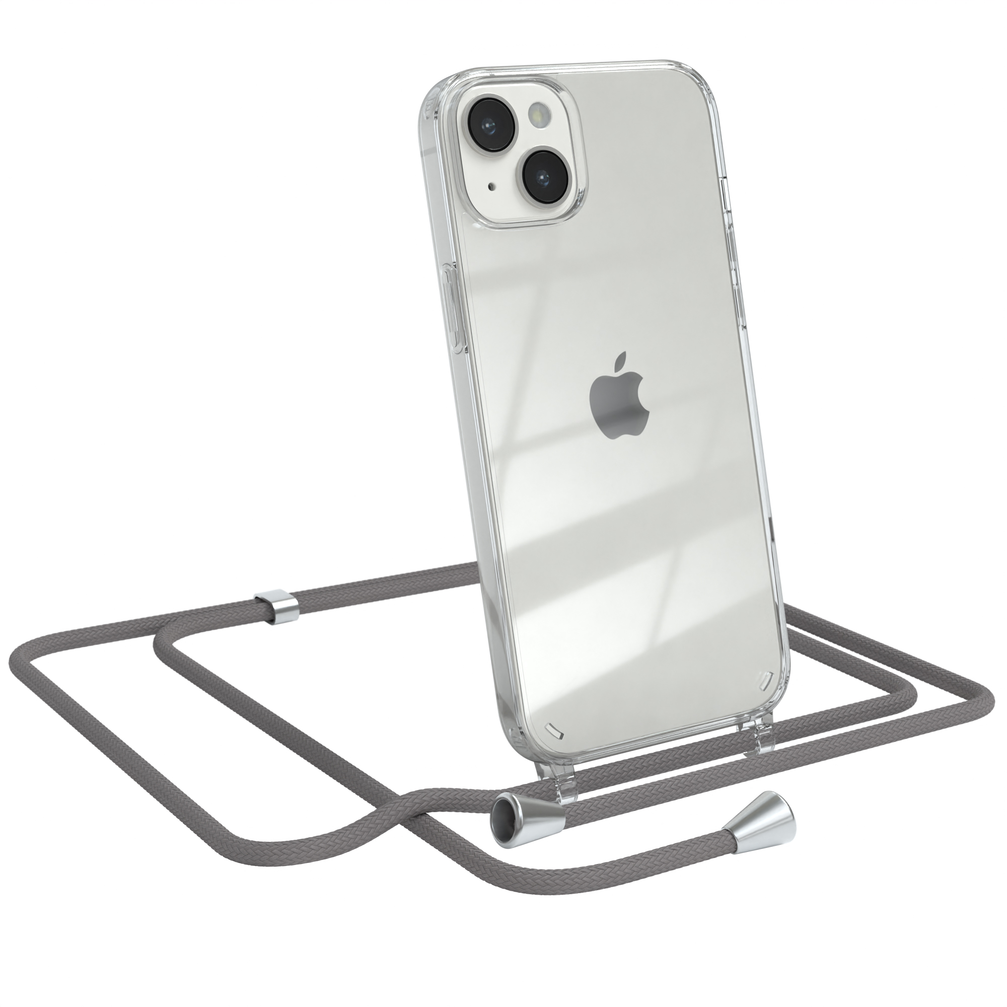 Klare Handyhülle mit grauem Schlüsselband, Telefon angewinkelt. Apple-Logo sichtbar.