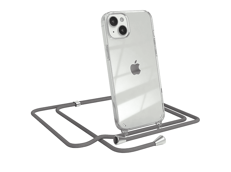 EAZY CASE Clear Cover mit Umhängeband, Umhängetasche, Apple, iPhone 14 Plus, Grau / Clips Silber