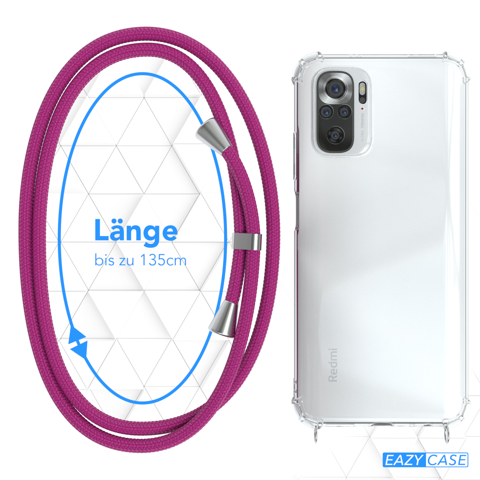 Telefon mit lila Lanyard. Text: Länge bis zu 135 cm.