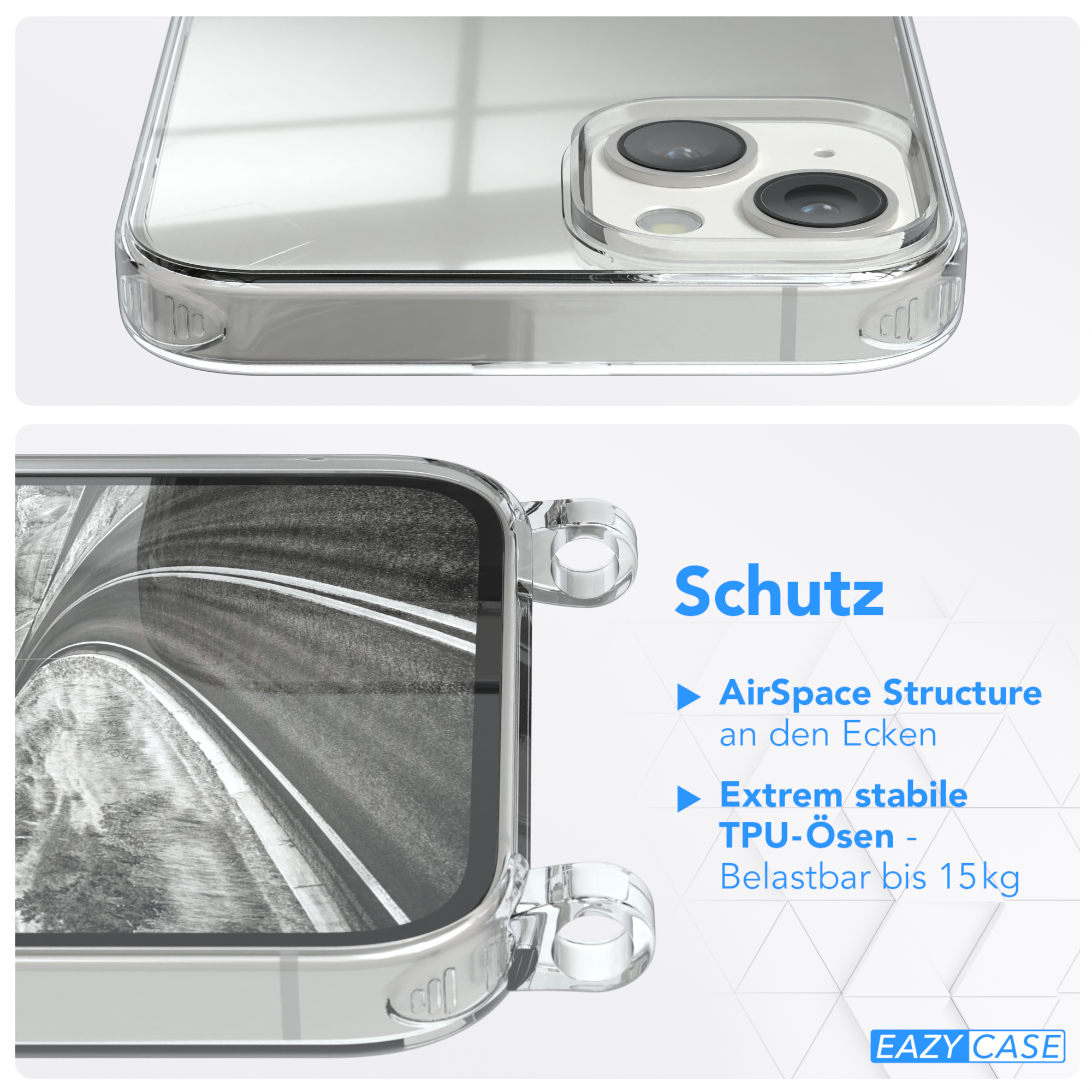 Nahaufnahme einer transparenten Handyhülle mit einem Telefon darin. Text über die Gehäusemerkmale.
