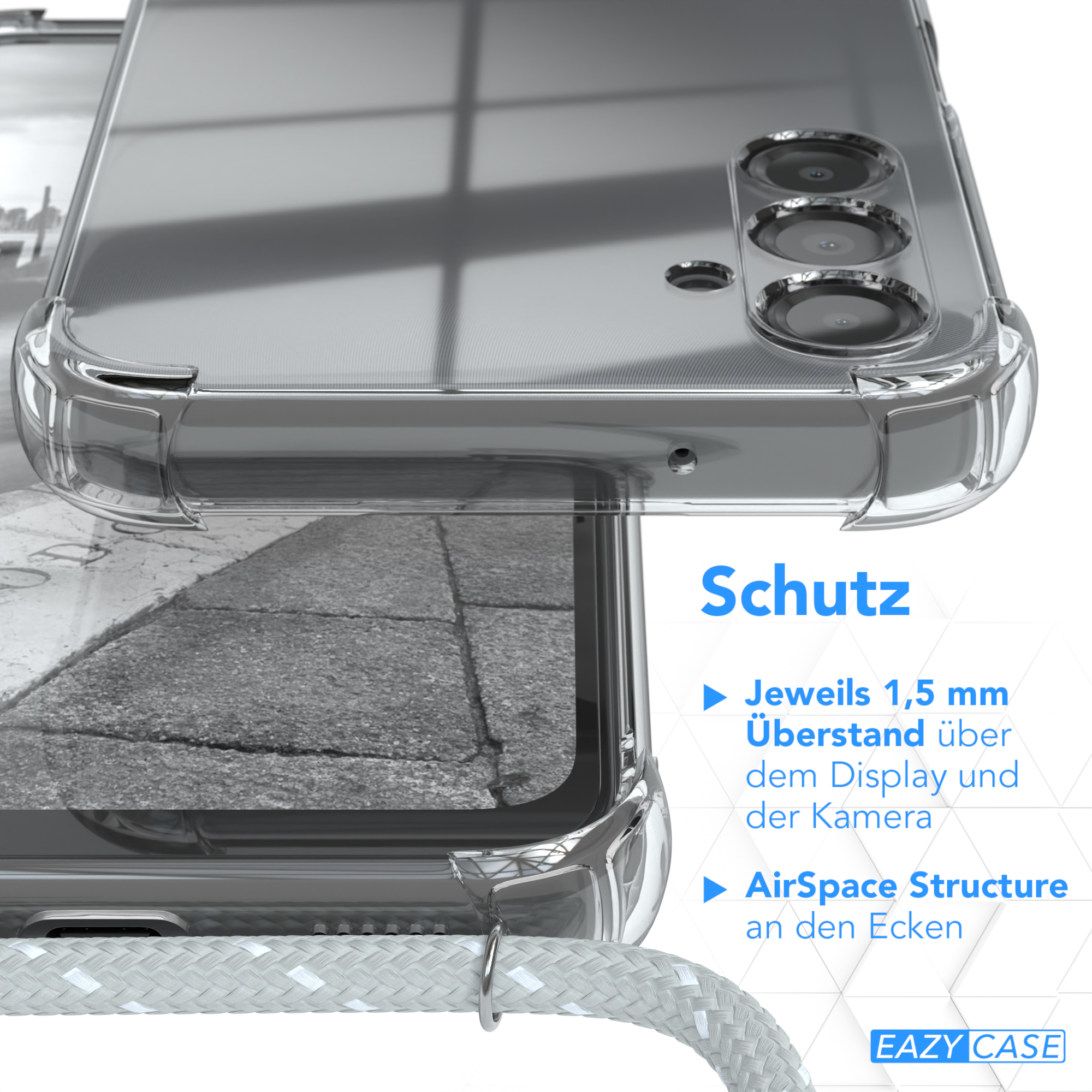 Transparente Handyhülle über einem Stadtstraßenhintergrund. Merkmale sind Display-/Kameraschutz und AirSpace-Struktur.