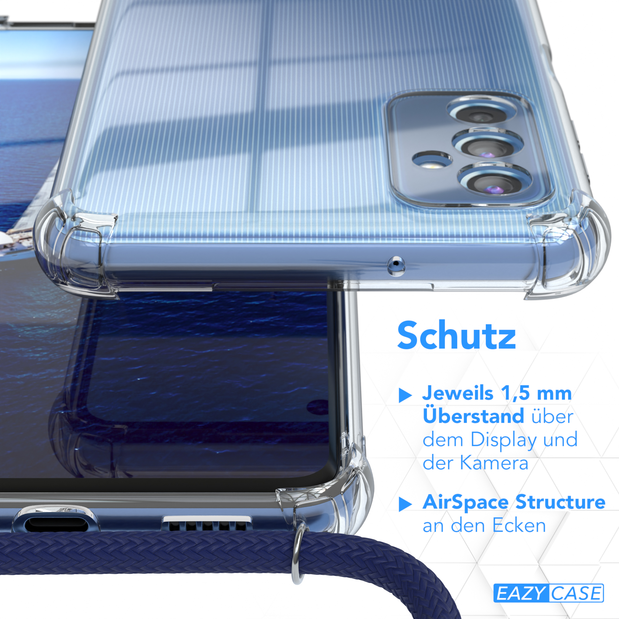 Nahaufnahme einer Handyhülle. Zeigt das Telefon und die Hülle. Blauer Hintergrund.