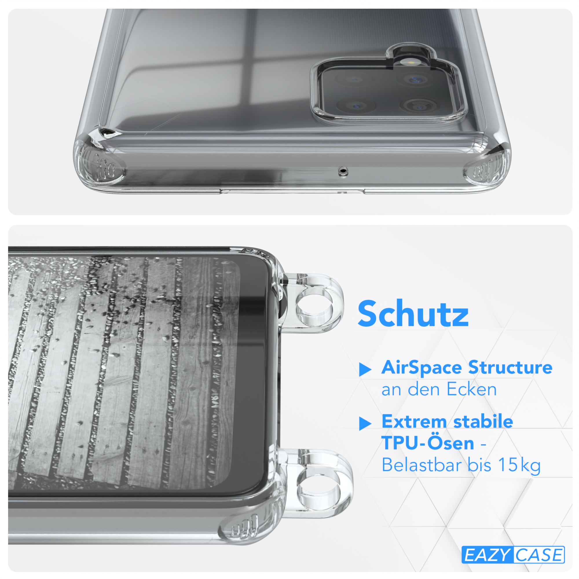 Detail einer transparenten Handyhülle mit Ober- und Seitenansicht mit Text 'Schutz'.