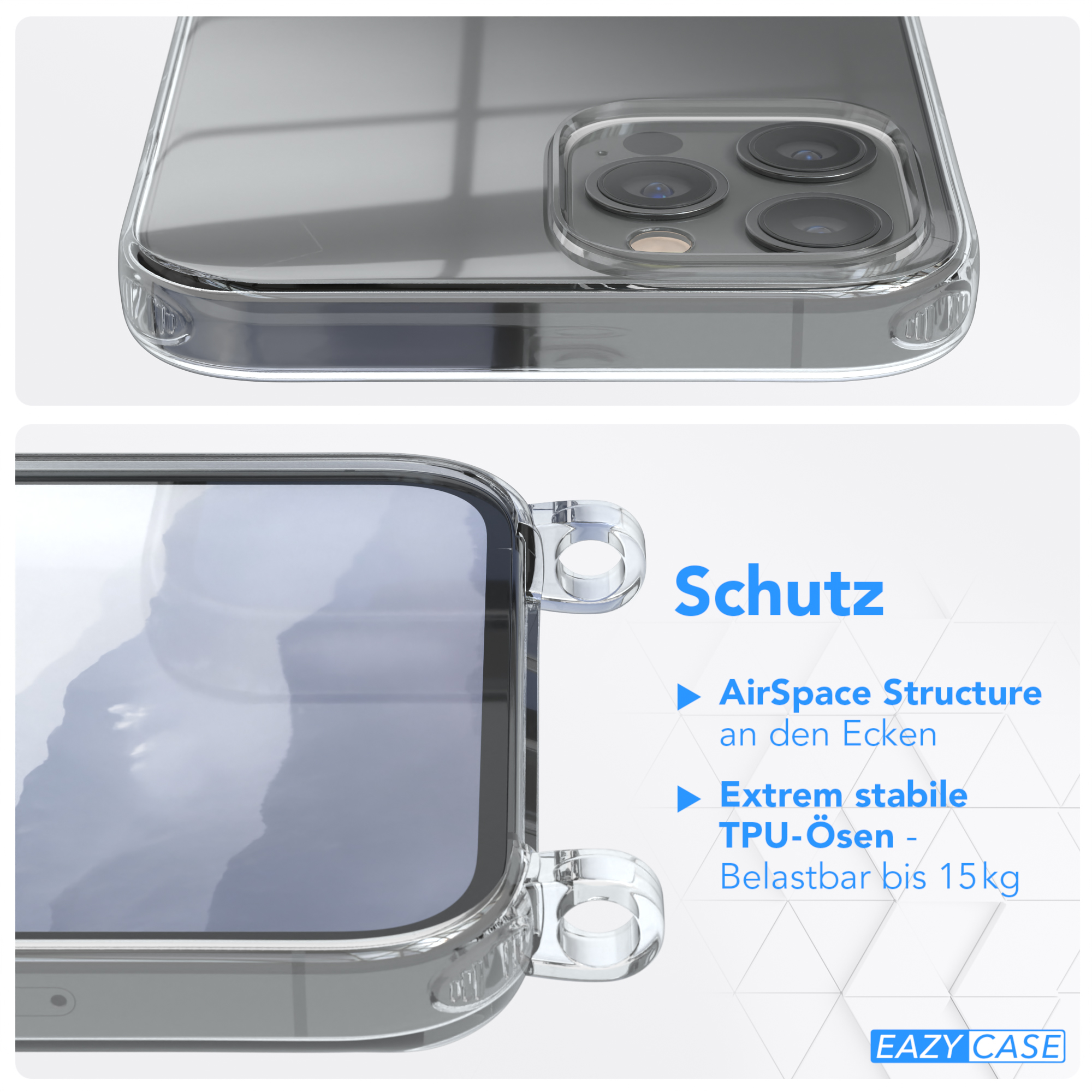 CASE Max, Apple, iPhone Blau mit Clear Pro 12 Umhängeband, Cover Umhängetasche, EAZY