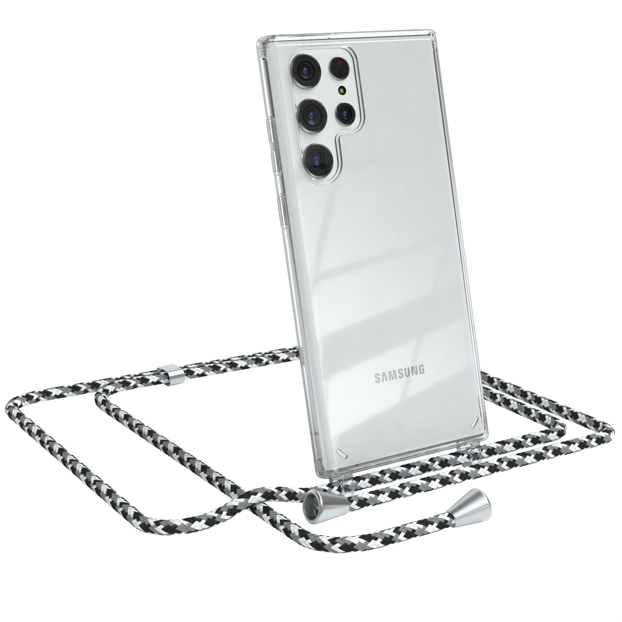 Transparente Handyhülle mit Kordel, Telefon sichtbar, schräg auf weißem Hintergrund.