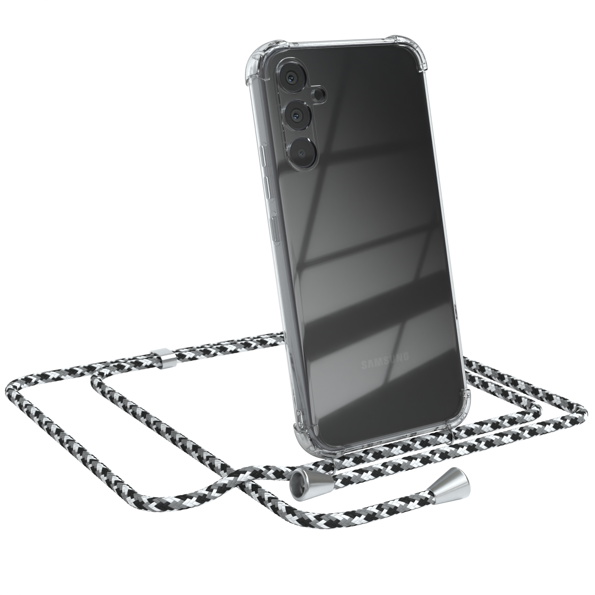 EAZY CASE Umhängetasche, Schwarz Clips Camouflage Silber Samsung, Clear Cover Umhängeband, Galaxy A34, mit 