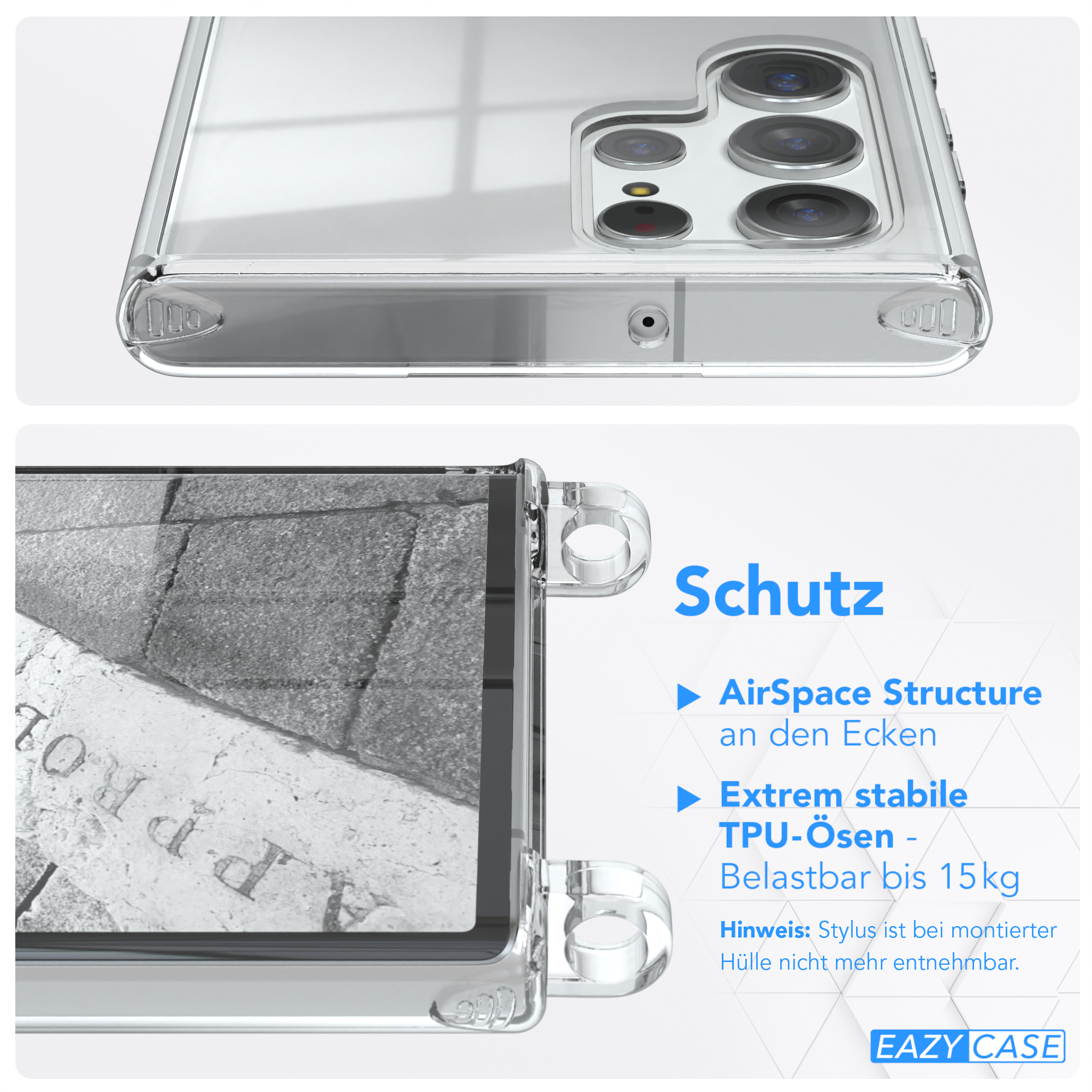 Transparente Handyhülle, Nahaufnahme des Telefons, Text: Schutz. AirSpace Structure, TPU-Ösen, bis 15kg.