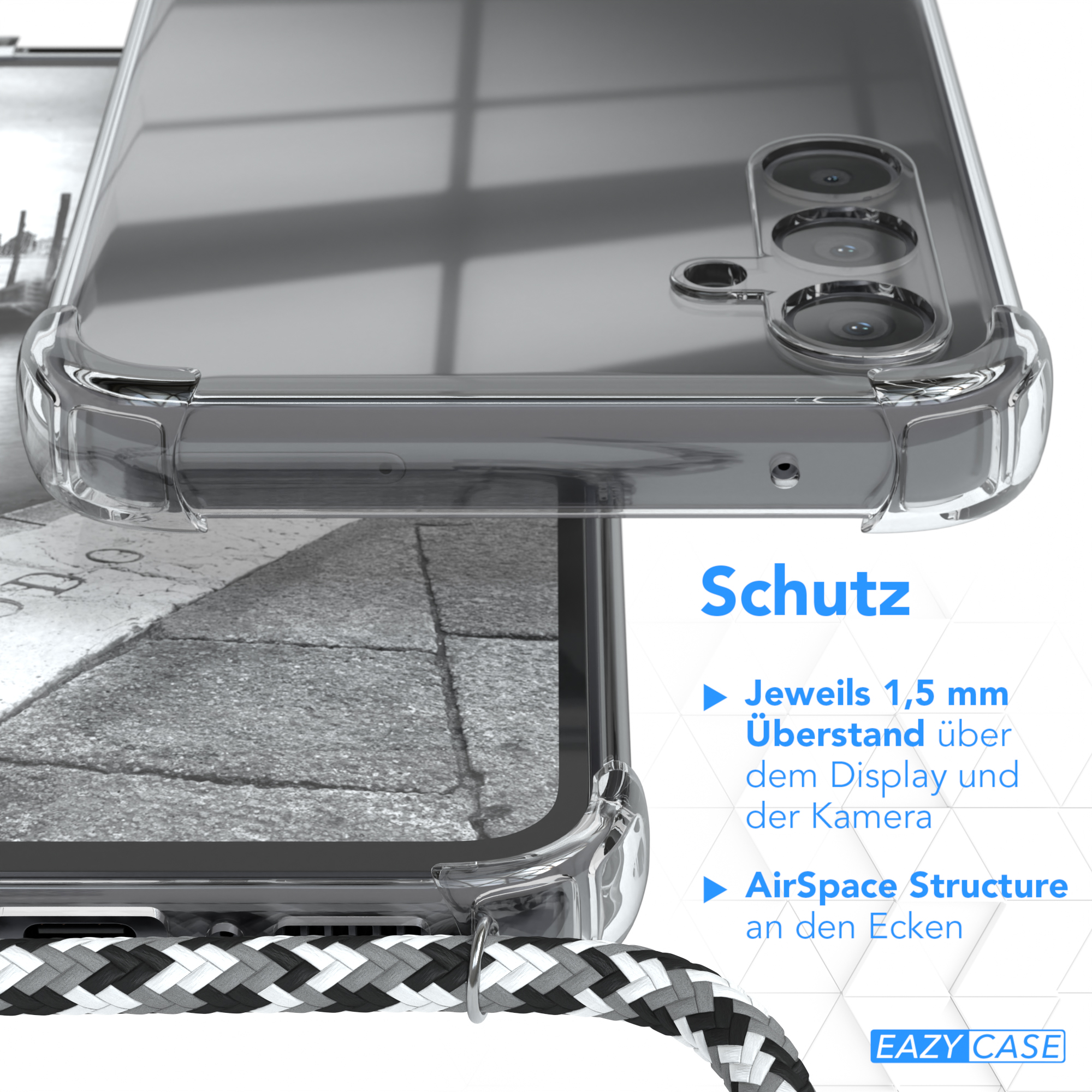 Eine Handyhülle mit einem Telefon darin, mit einer transparenten Hülle, die eine Stadtansicht zeigt.