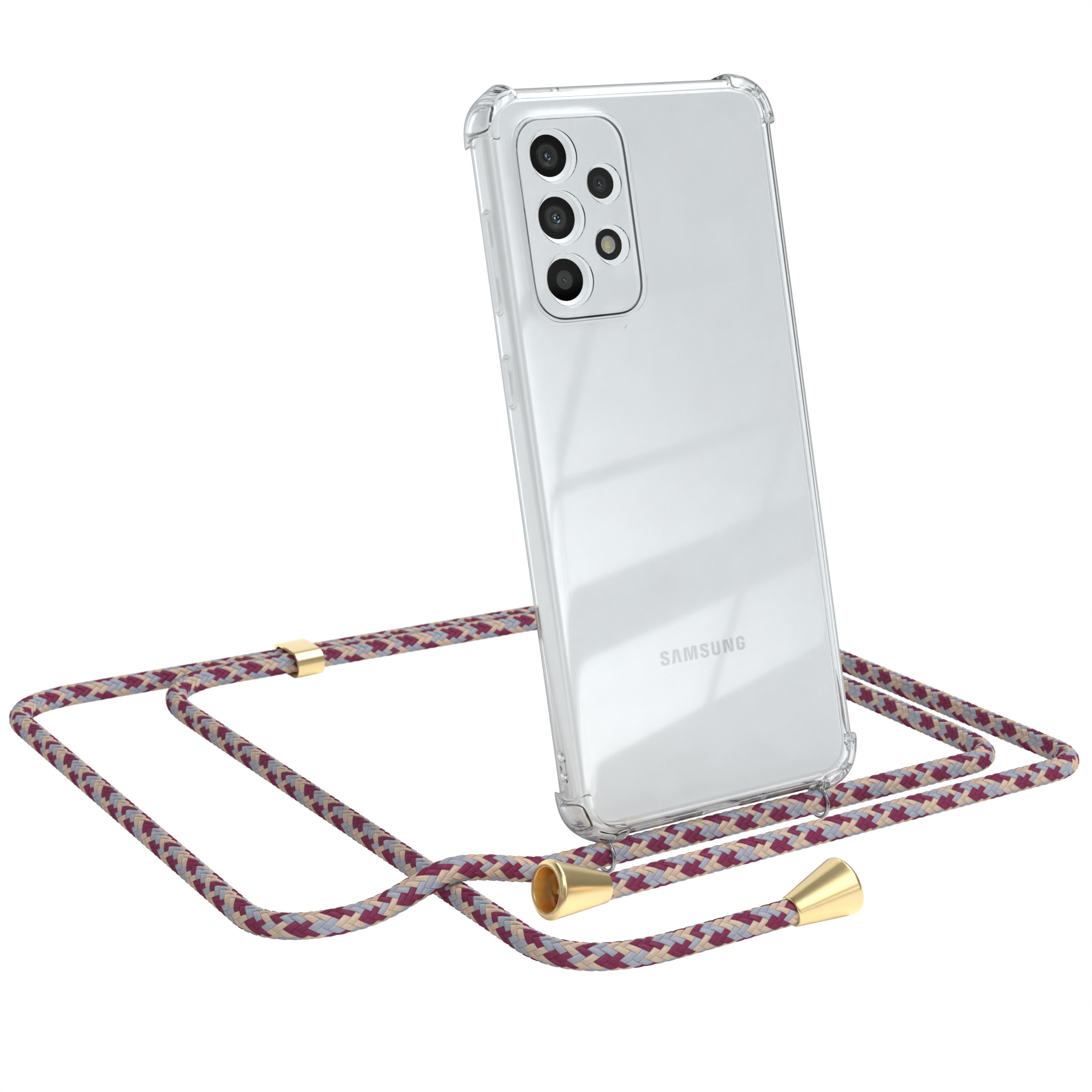 EAZY CASE Clear Cover mit Rot Umhängeband, A33 Clips Beige Gold 5G, Samsung, Umhängetasche, Galaxy Camouflage 
