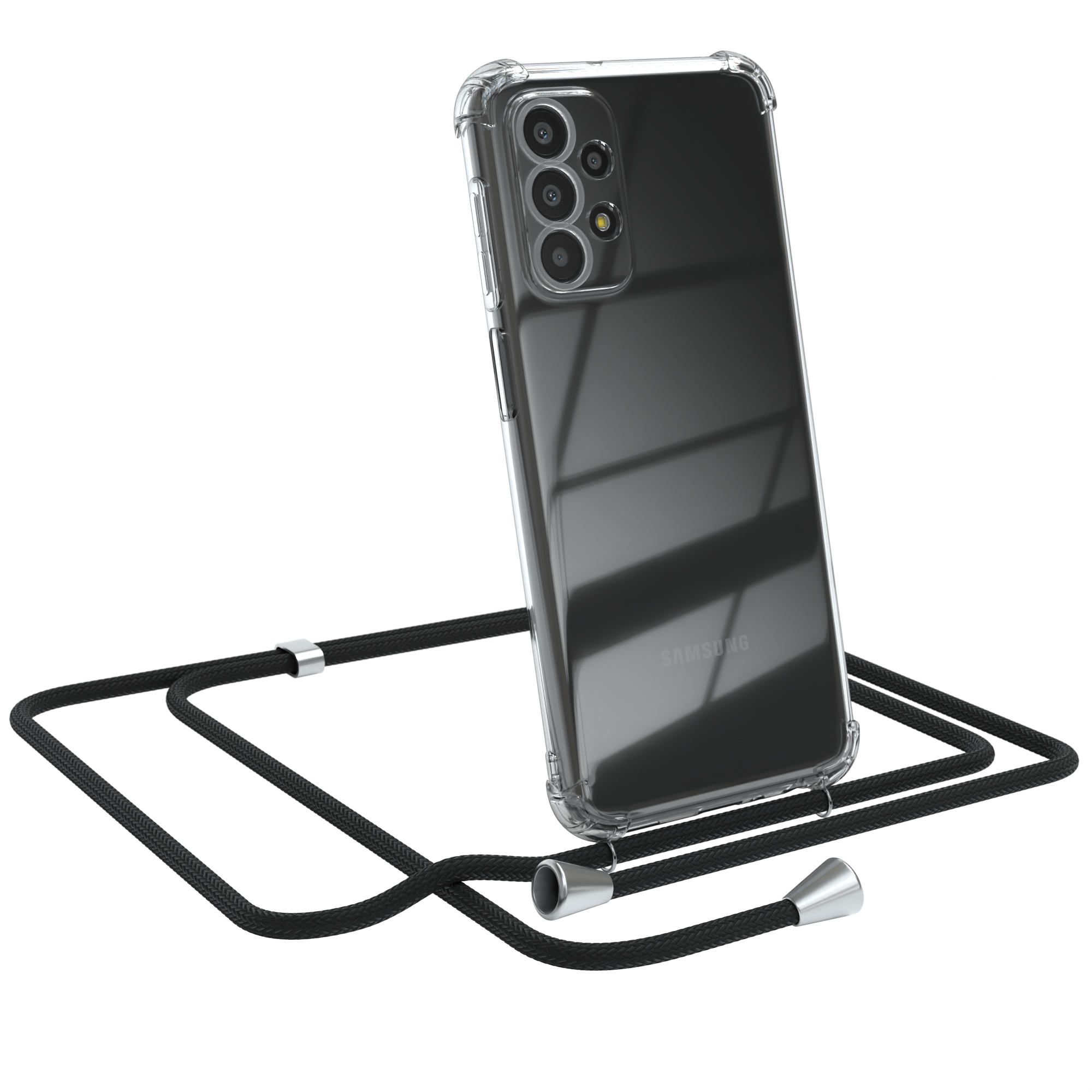 Schwarzes Telefon in einer durchsichtigen Hülle mit schwarzem Umhängeband. Weißer Hintergrund.
