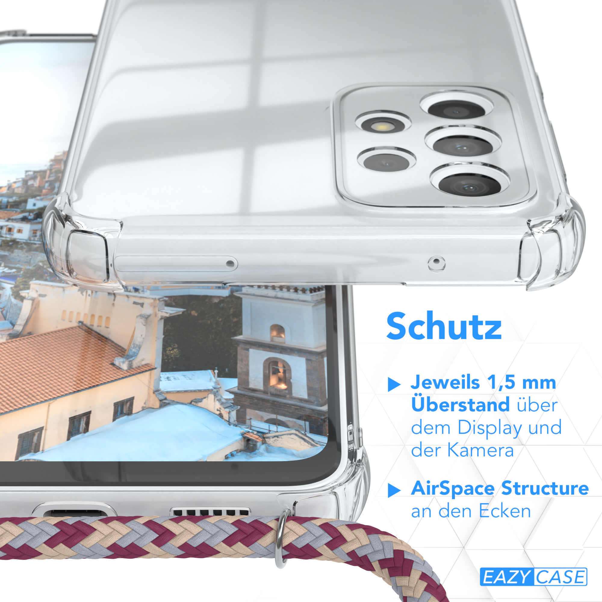 Nahaufnahme der Handyhülle, zeigt Kanten und Kordelbefestigung. Die Hülle schützt das Telefon.