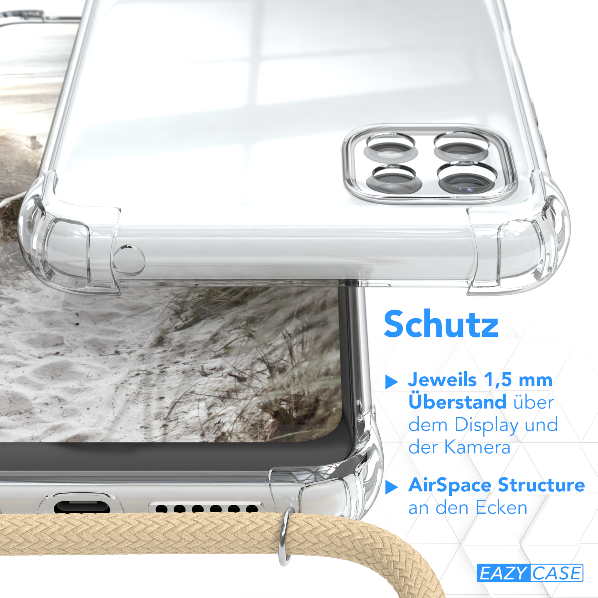 Eine transparente Handyhülle mit Text: Schutz. Sie hat einen Seilriemen. Die Hülle liegt auf sandigem Untergrund.