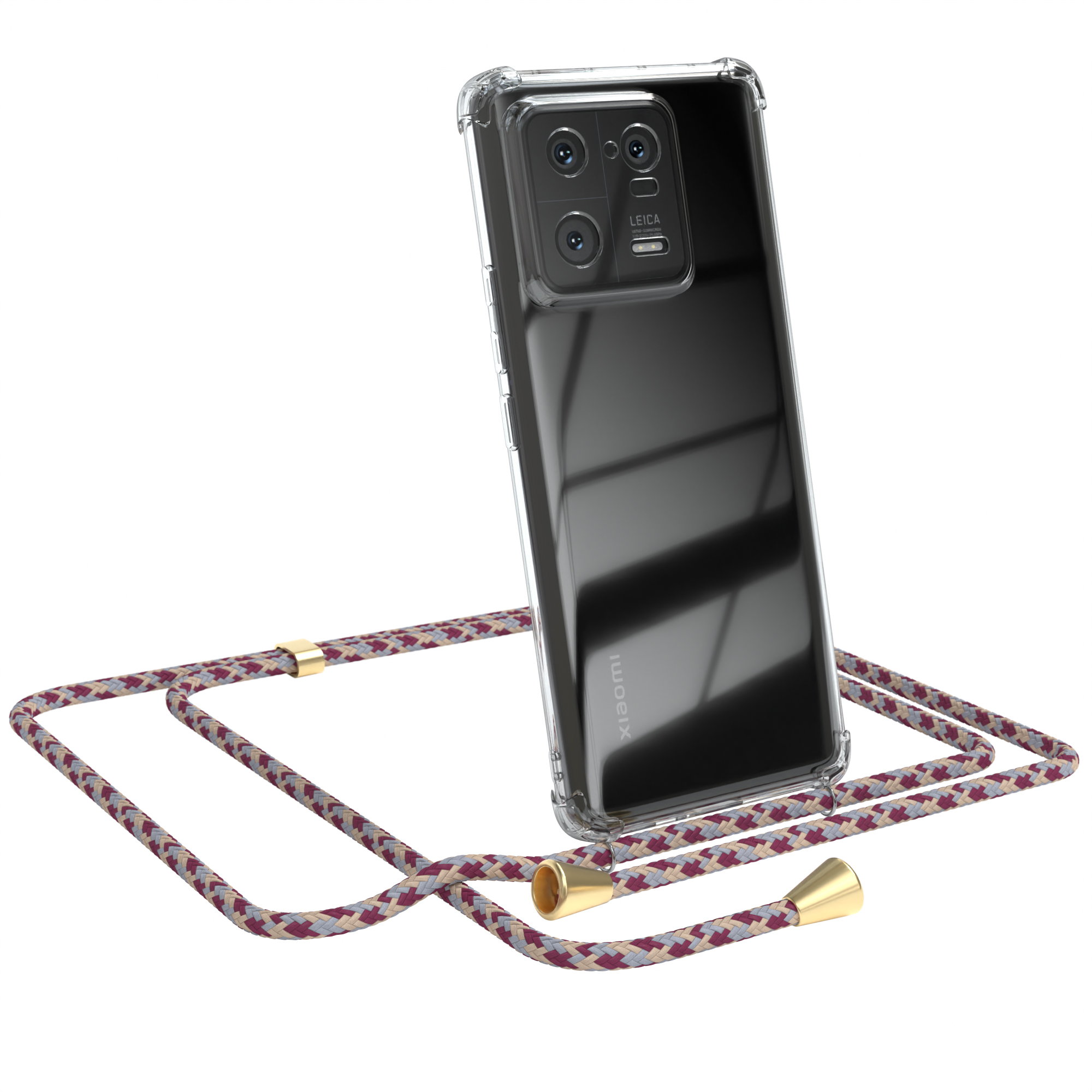 Telefon mit transparenter Hülle und lila/cremefarbenem Riemen. Leica-Logo sichtbar.