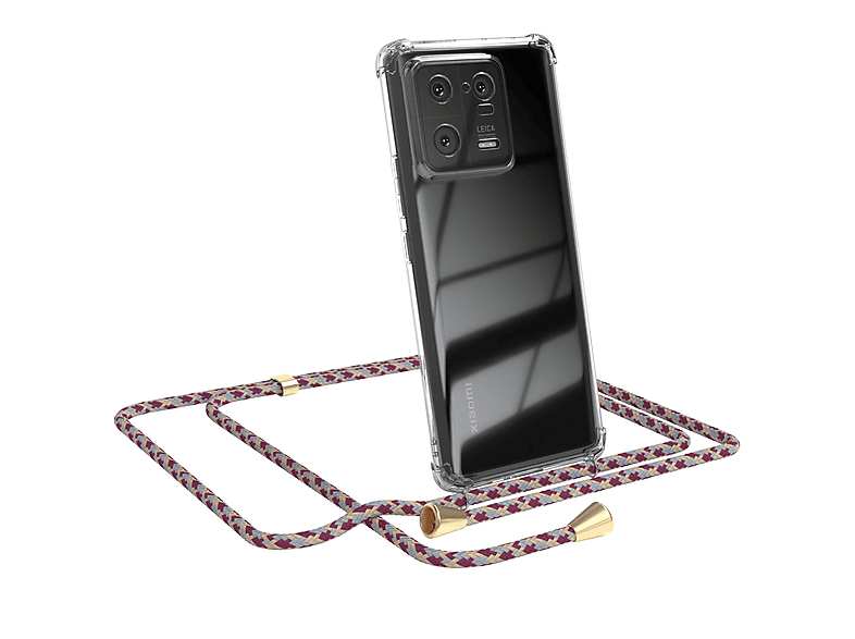 EAZY CASE Clear Cover mit Umhängeband, Umhängetasche, Xiaomi, 13 Pro, Rot Beige Camouflage / Clips Gold