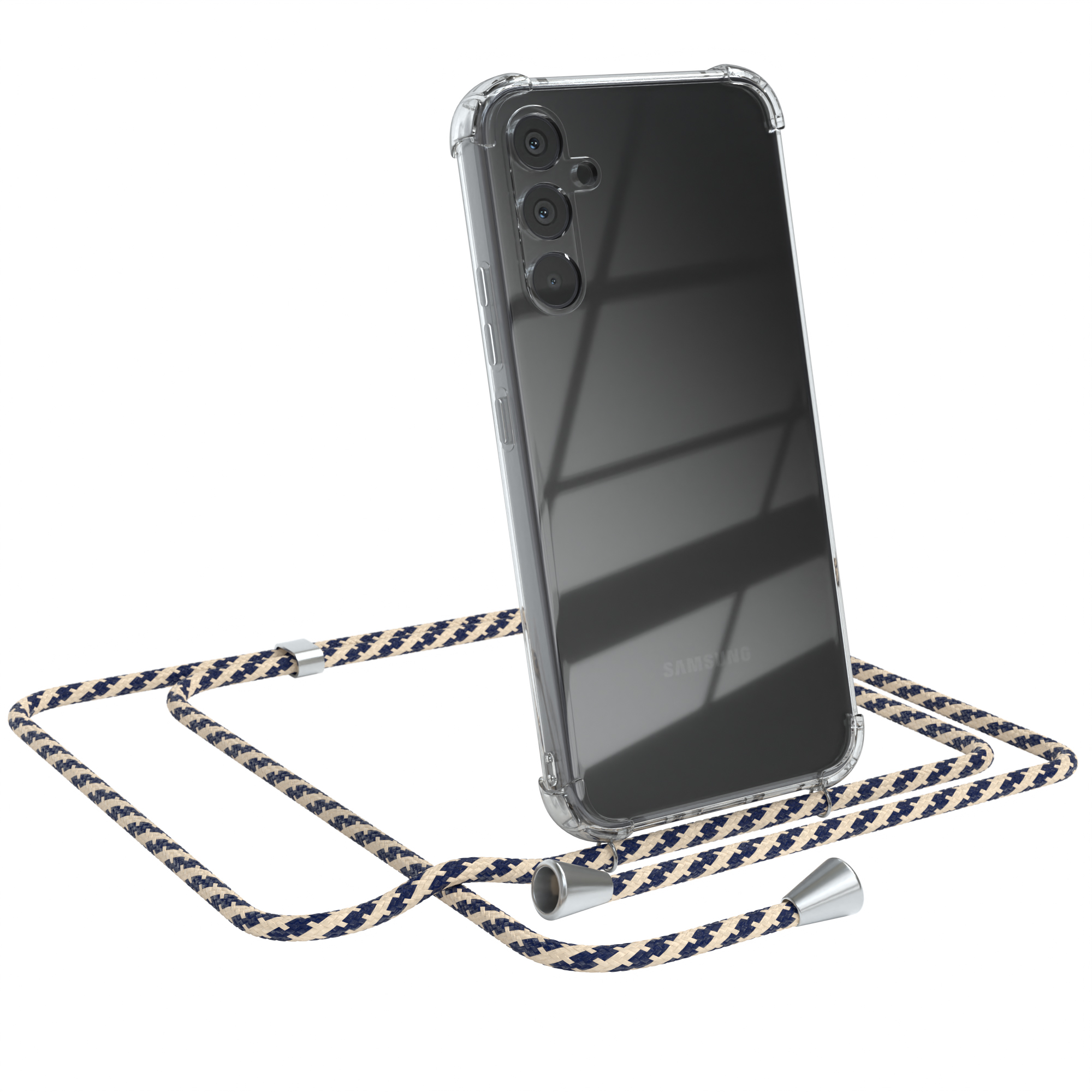 Eine transparente Handyhülle mit einem blau-beigen Band an einem Telefon. Das Telefon ist rechts.