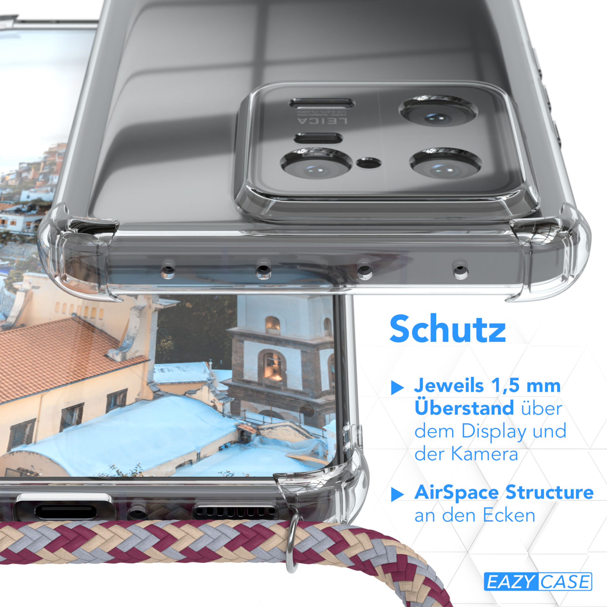 Handyhülle mit Telefon darin. Klare Hülle mit Schutzeigenschaften. Airspace-Struktur sichtbar. Weißer Hintergrund.