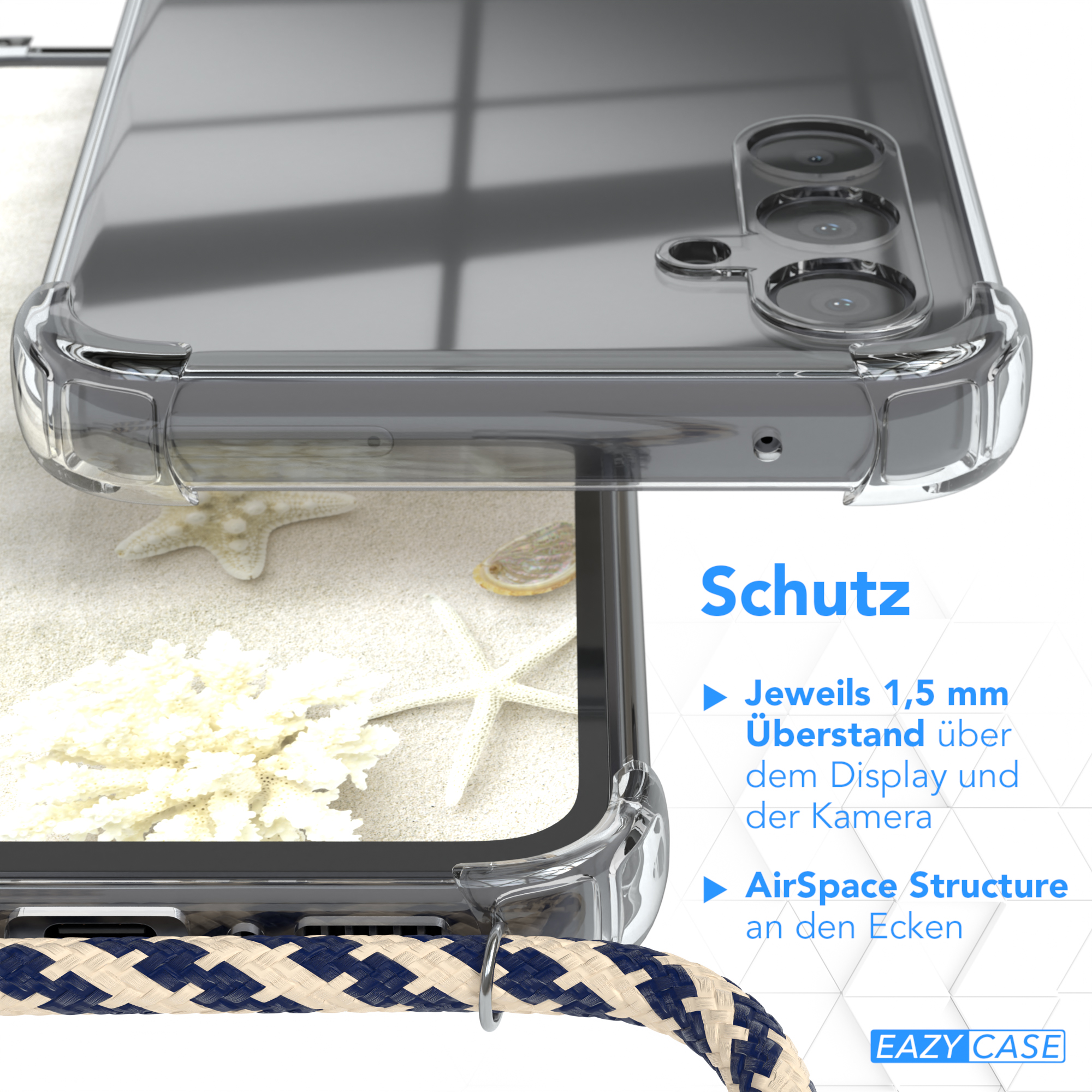 Transparente Handyhülle über einer Strandszene. Text hebt Schutzfunktionen wie erhöhte Kanten hervor.