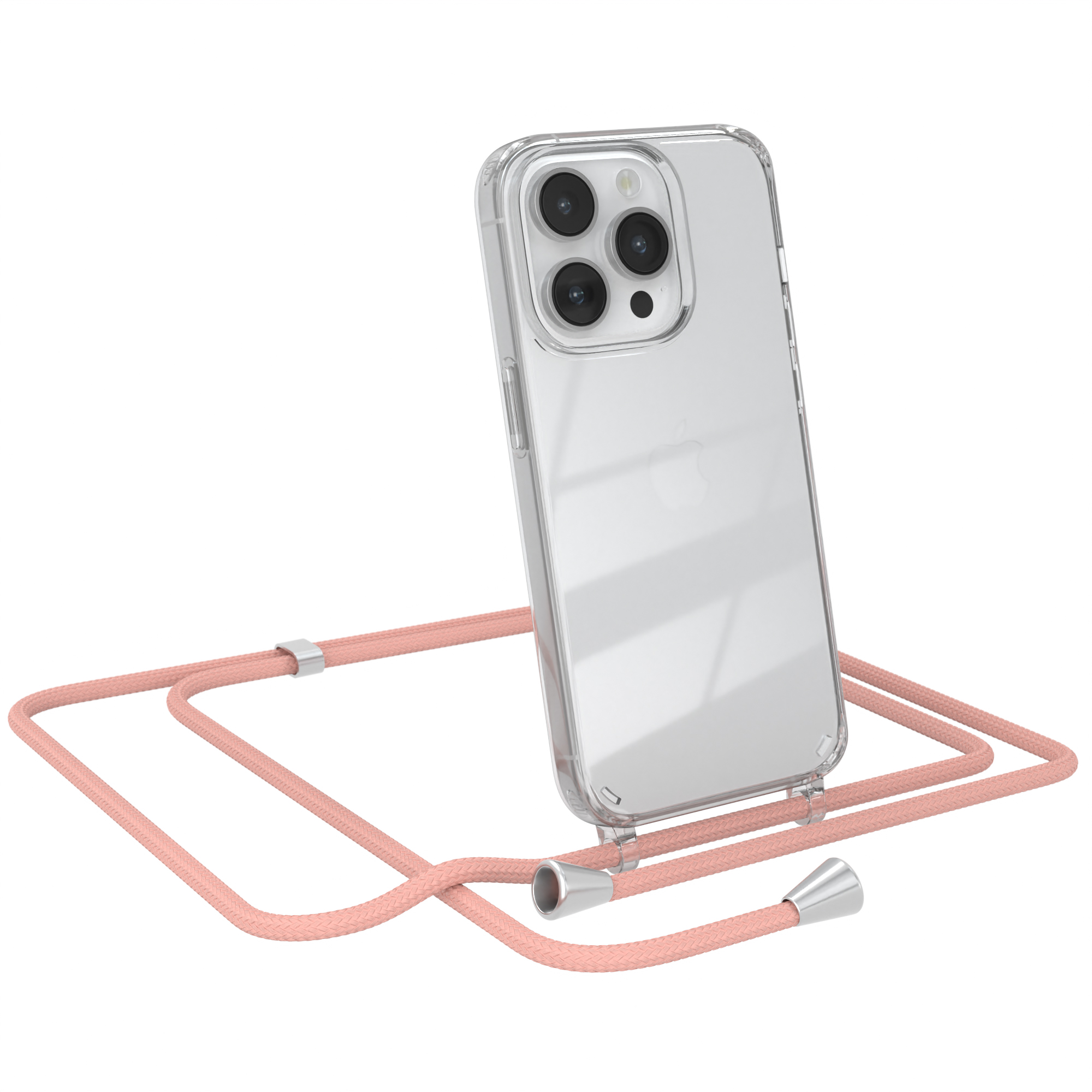 Schwarzes Telefon in einer transparenten Hülle mit einem rosa Riemen. Das Telefon lehnt sich an.