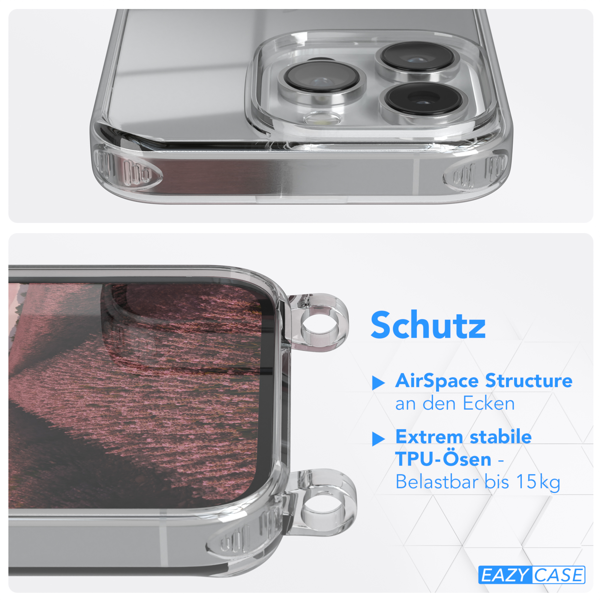 Eine transparente Handyhülle mit einem Handy darin, die die Schutzmerkmale zeigt.