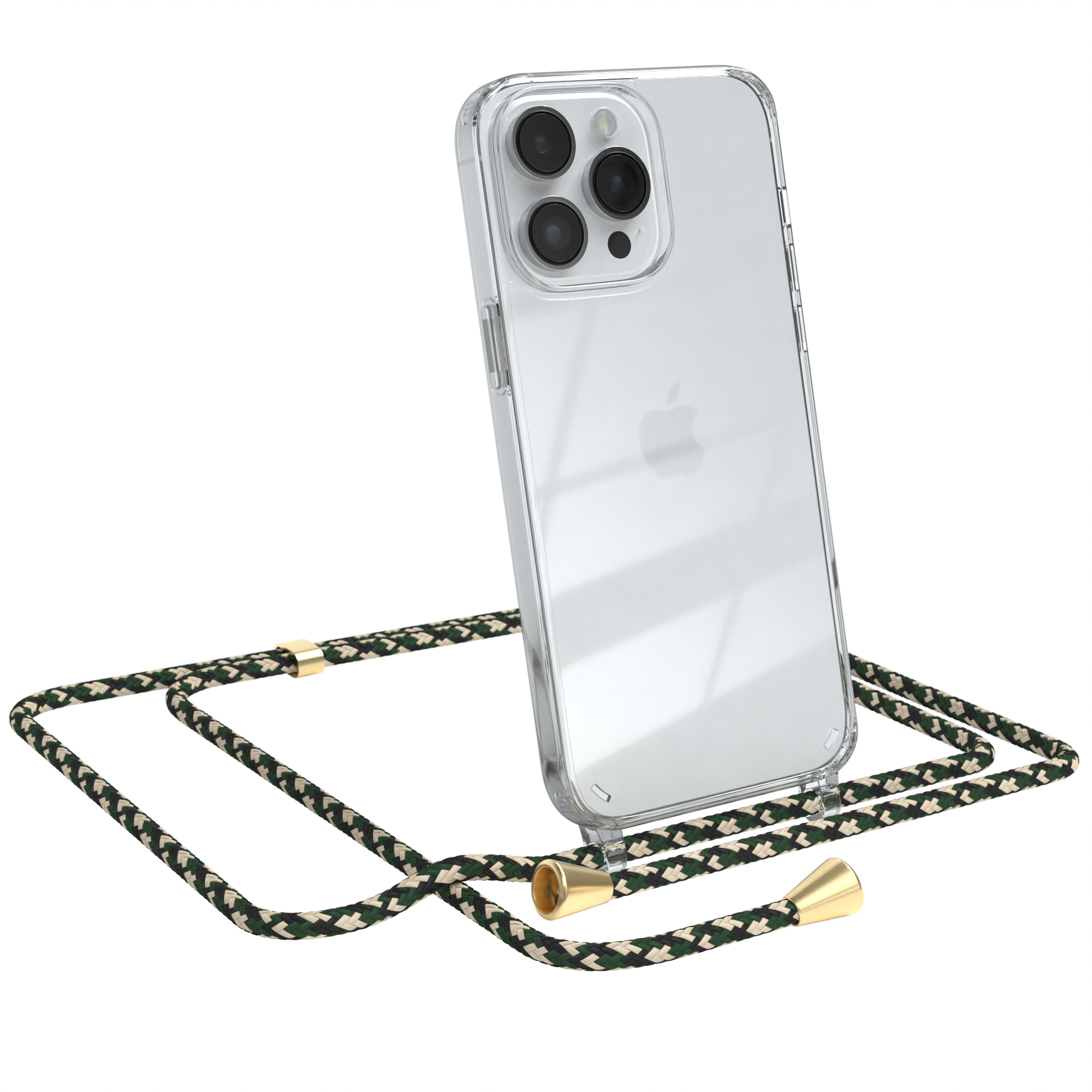 Transparente Handyhülle mit grün-beigem Kabel. Telefon lehnt. Weißer Hintergrund.