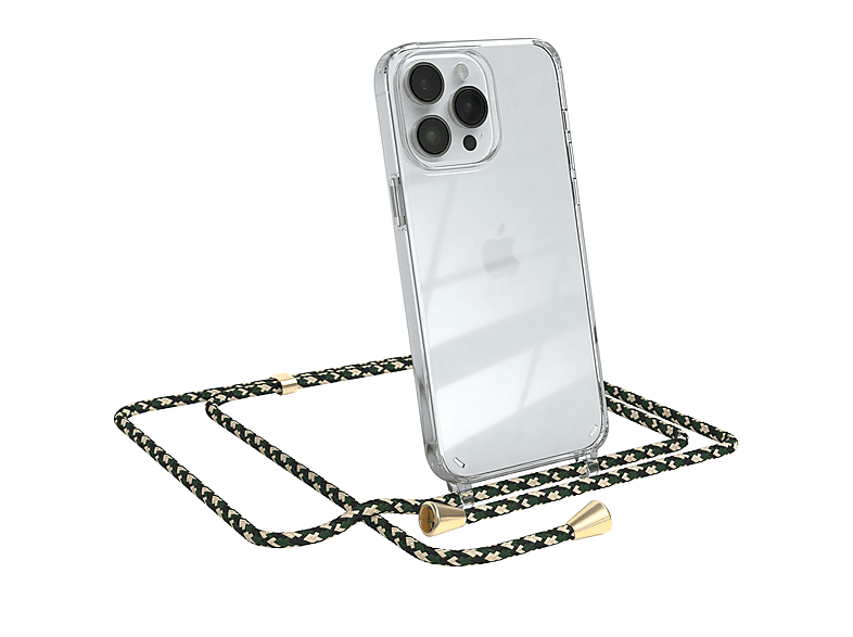EAZY CASE Clear Cover mit Umhängeband, Umhängetasche, Apple, iPhone 14 Pro Max, Grün Camouflage / Clips Gold