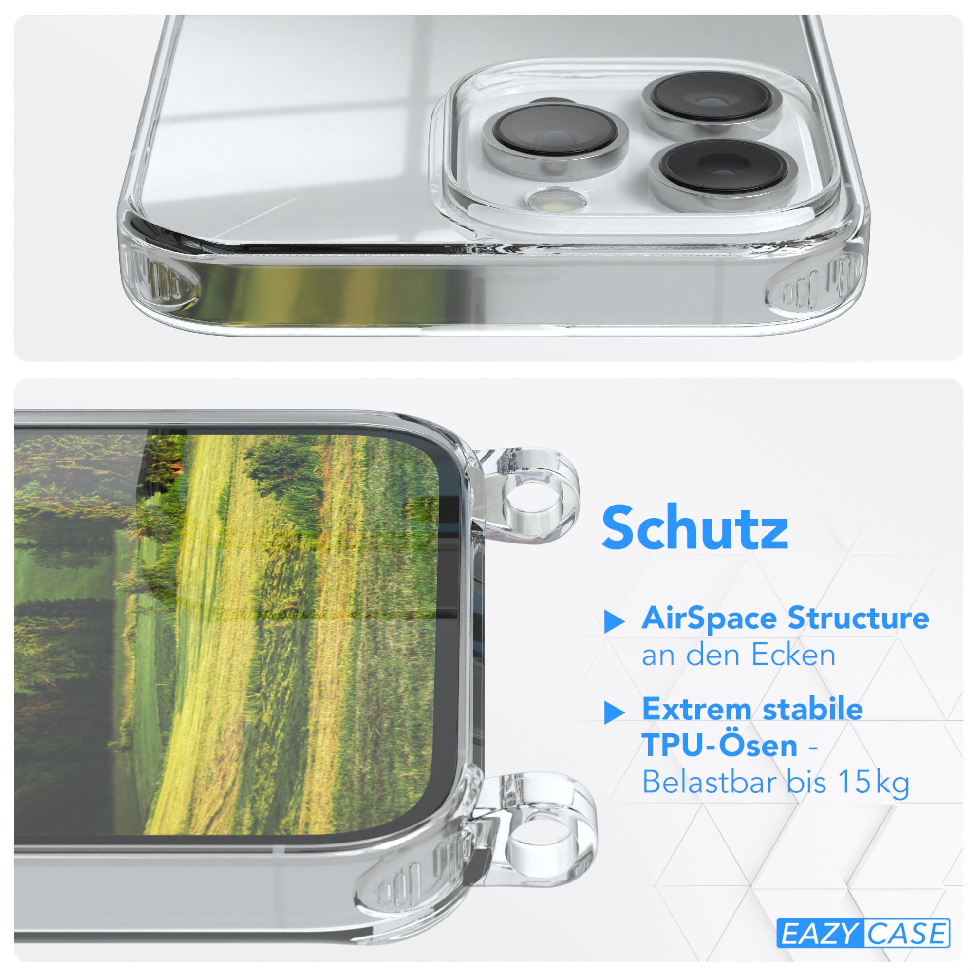 Nahaufnahme einer durchsichtigen Handyhülle. Text sagt 'AirSpace Structure' und 'Extrem stabile TPU-Ösen'. Hülle zeigt Feld.