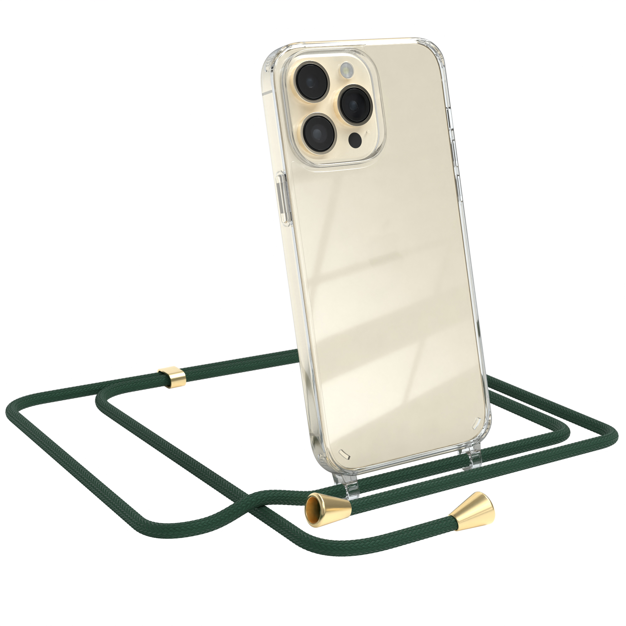 Transparente Handyhülle mit grünem Umhängeband. Das Telefon hat drei Kameras, es ist ein iPhone.
