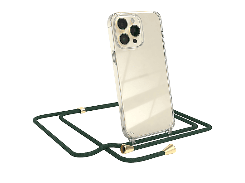EAZY CASE Clear Cover mit Umhängeband, Umhängetasche, Apple, iPhone 14 Pro Max, Grün / Clips Gold