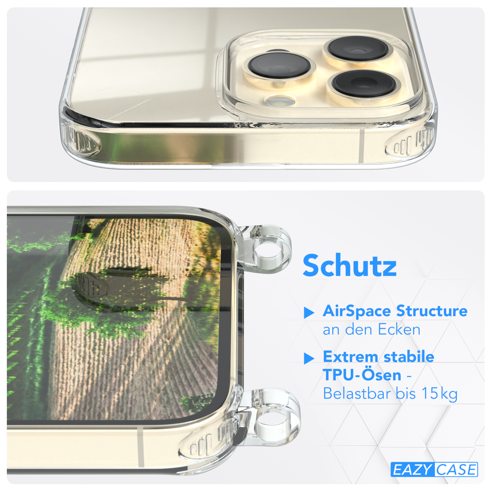 Detail einer durchsichtigen Handyhülle mit Text 'Schutz' und AirSpace Structure und TPU-Ösen.