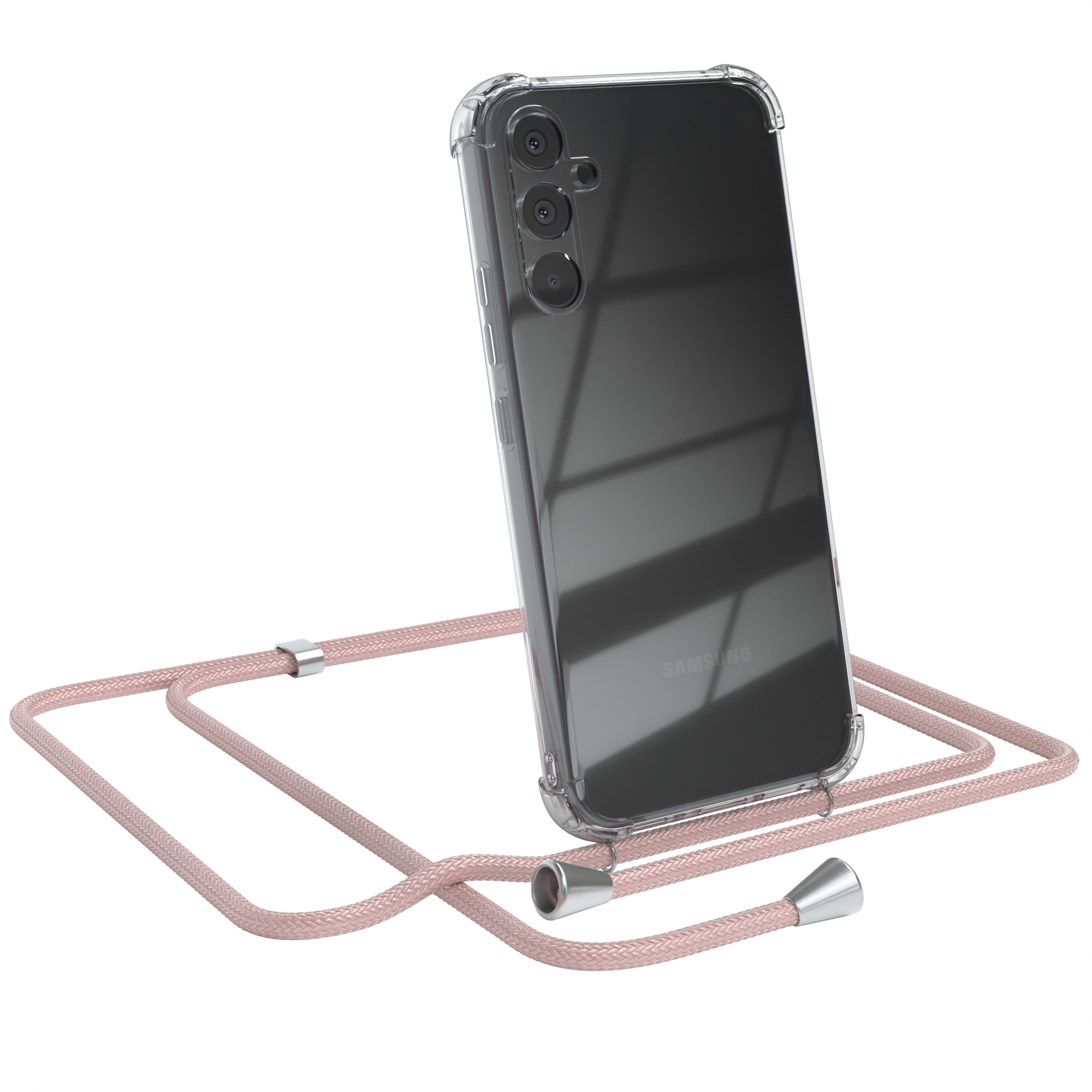 Transparente Handyhülle mit rosa Kordel. Das Telefon hat ein Samsung-Logo.