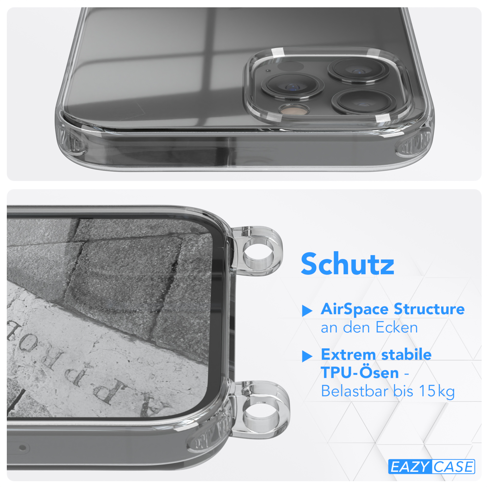 Eine transparente Handyhülle, die das Telefon im Inneren zeigt. Text: 'Schutz'. Details der Hülle werden gezeigt.