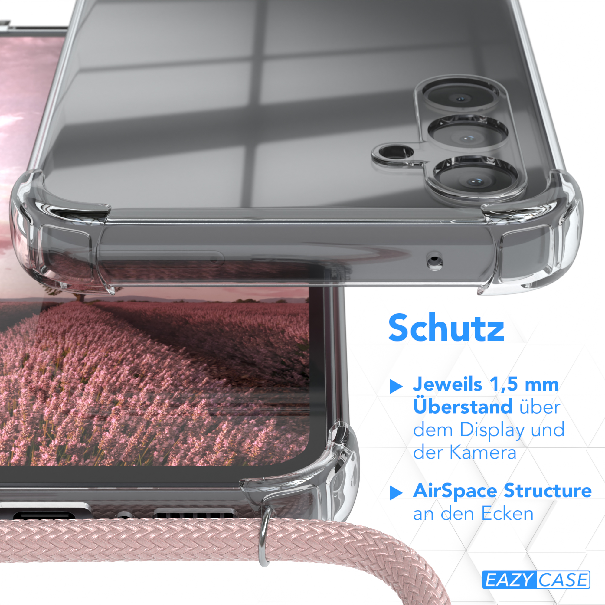 Nahaufnahme einer Handyhülle mit Text Schutz und einem rosa Riemen. Ein Lavendelfeld ist sichtbar.