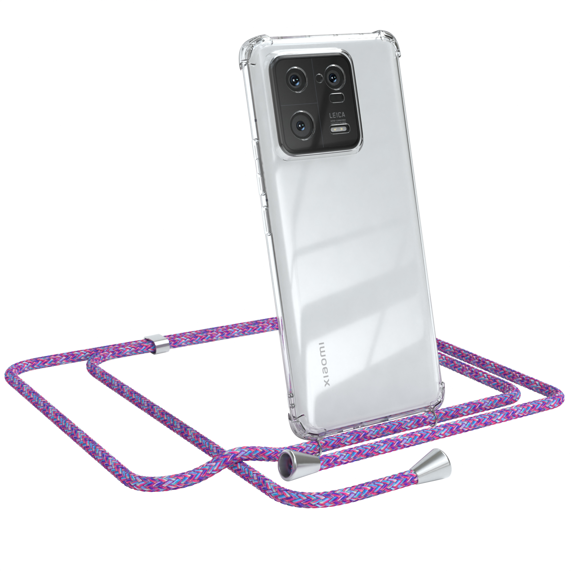 Weißes Telefon in einer durchsichtigen Hülle mit lila Umhängeband. Weißer Hintergrund.