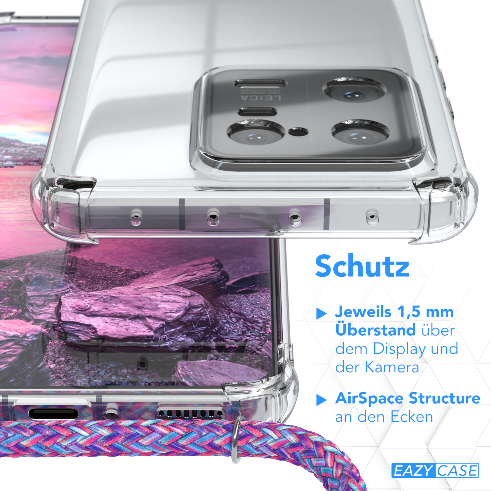 Nahaufnahme einer Handyhülle mit einem Schlüsselband. Die Hülle ist transparent und das Schlüsselband ist farbenfroh. Der Text deutet auf Schutz hin.